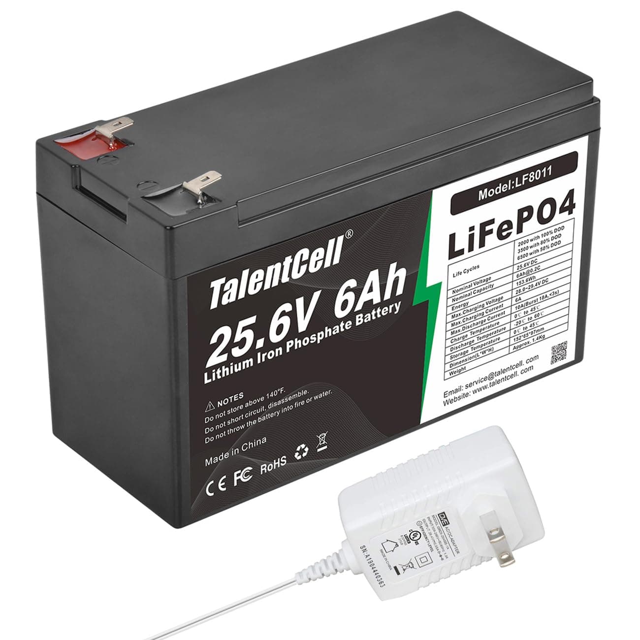 Talentcell 24V 6Ah LiFePO4 Battery Pack LF8011, 25.6V 153.6Wh Deep Cycle Rechargeable Lithium Iron Phosphate Batteries with Charger and Female Spade Terminal Wire, for Trolling Motor, RV, Camping