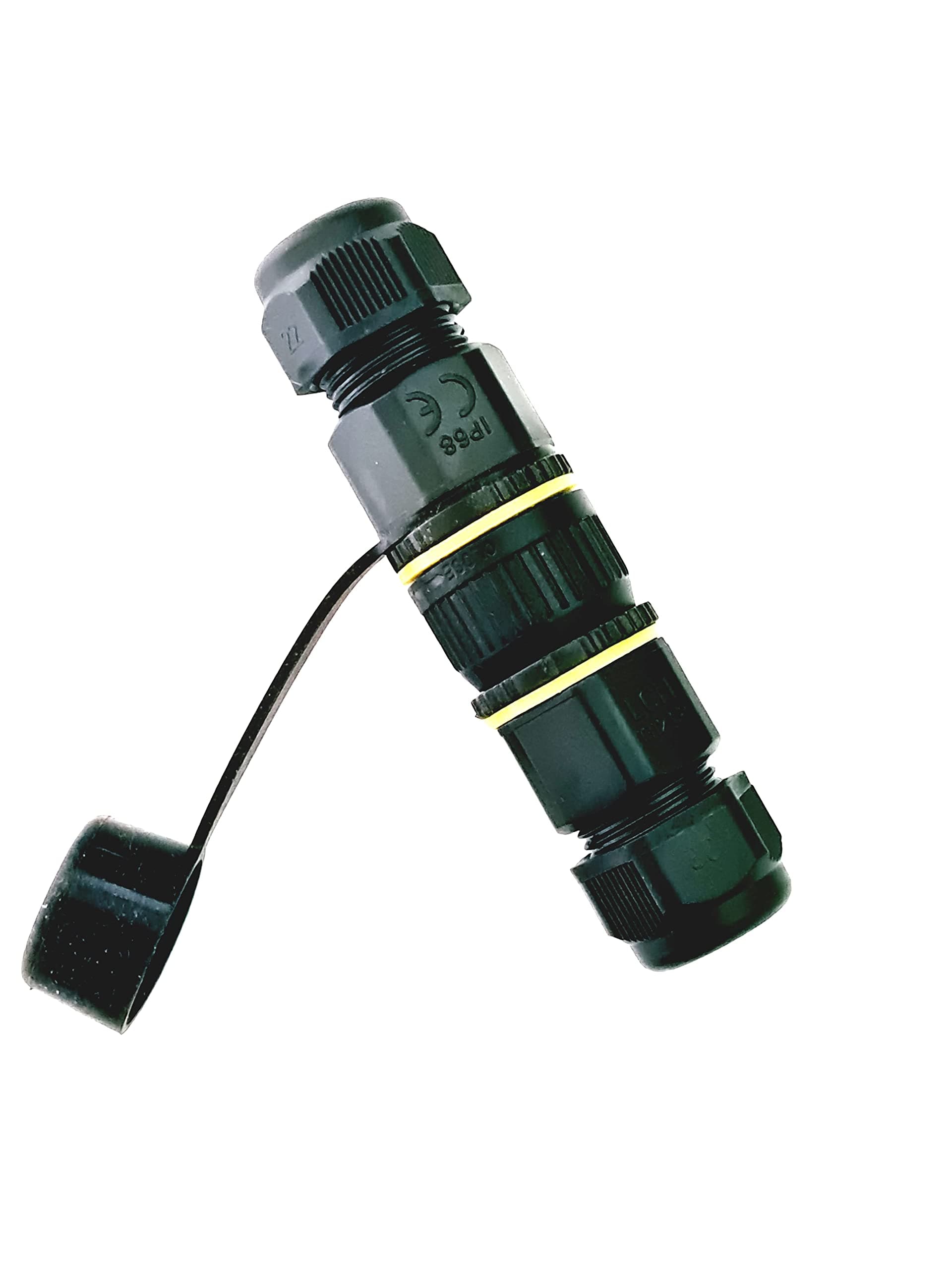 Outdoor connector, male and female, 5-pin, up to 12 mm cable diameter, IP68, coded, with silicone protective cap for plug side.