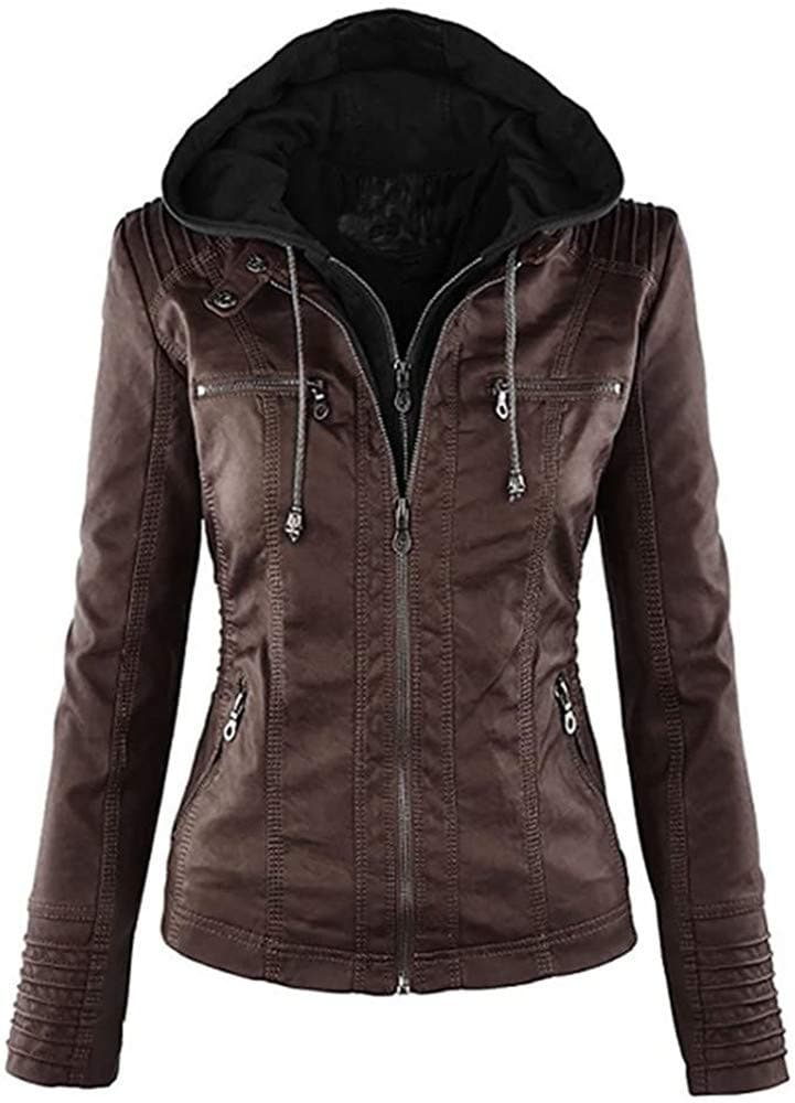 Seamido Women's Faux Leather Jacket Removable Hoooded Leather Jackets