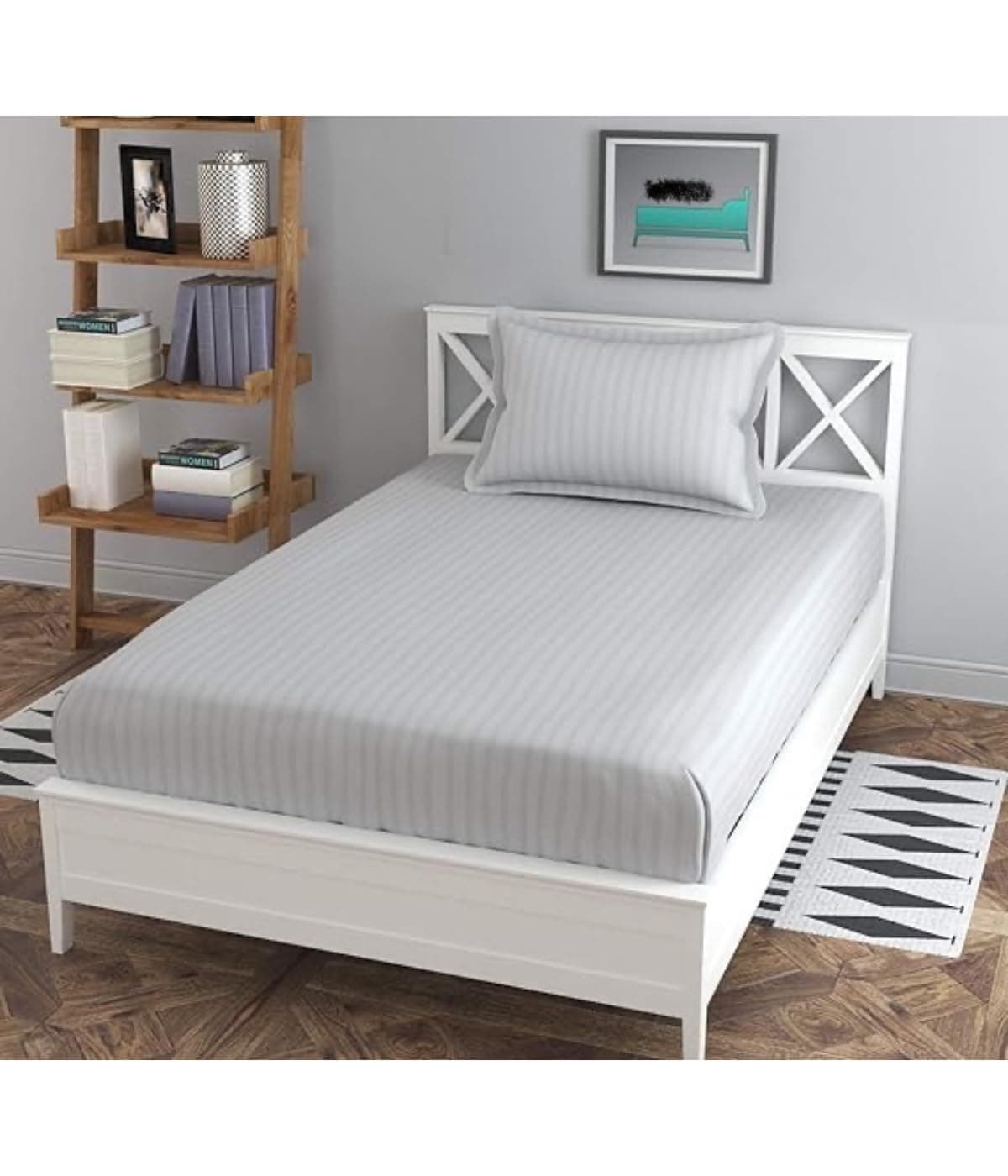 Nanki's 190 TC Cotton Single Bed Striped Fitted (Elastic) Bedsheet (Size 60X90 Inchs) with 2 Pillow Covers (Size 46X68 cms) (Silver)