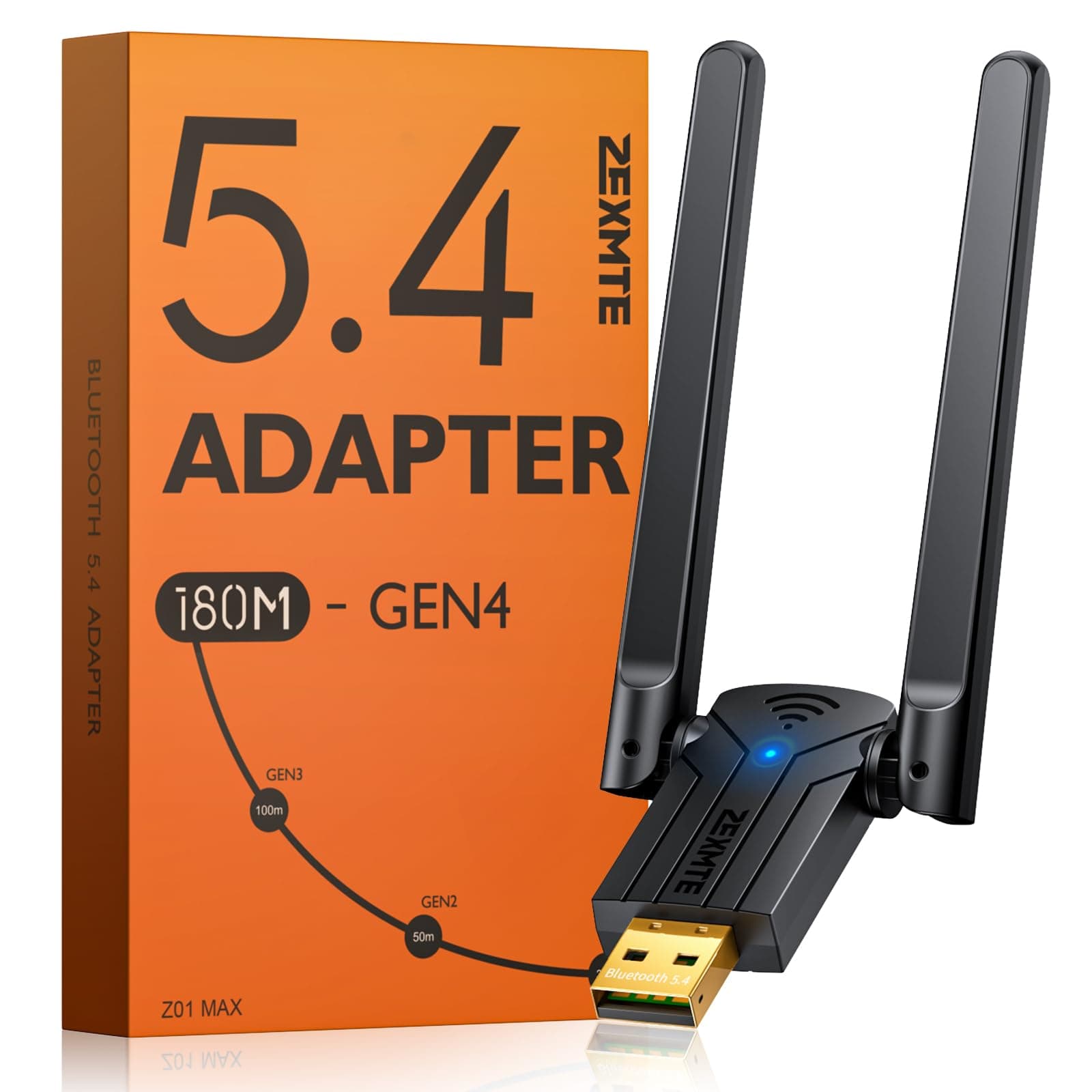 ZEXMTE 5.4 USB Bluetooth Adapter for PC, Plug & Play Bluetooth Transmitter & Reciver, EDR & BLE, High Gain Antenna, 590FT / 180M Long Range for PC Windows 11/10/8