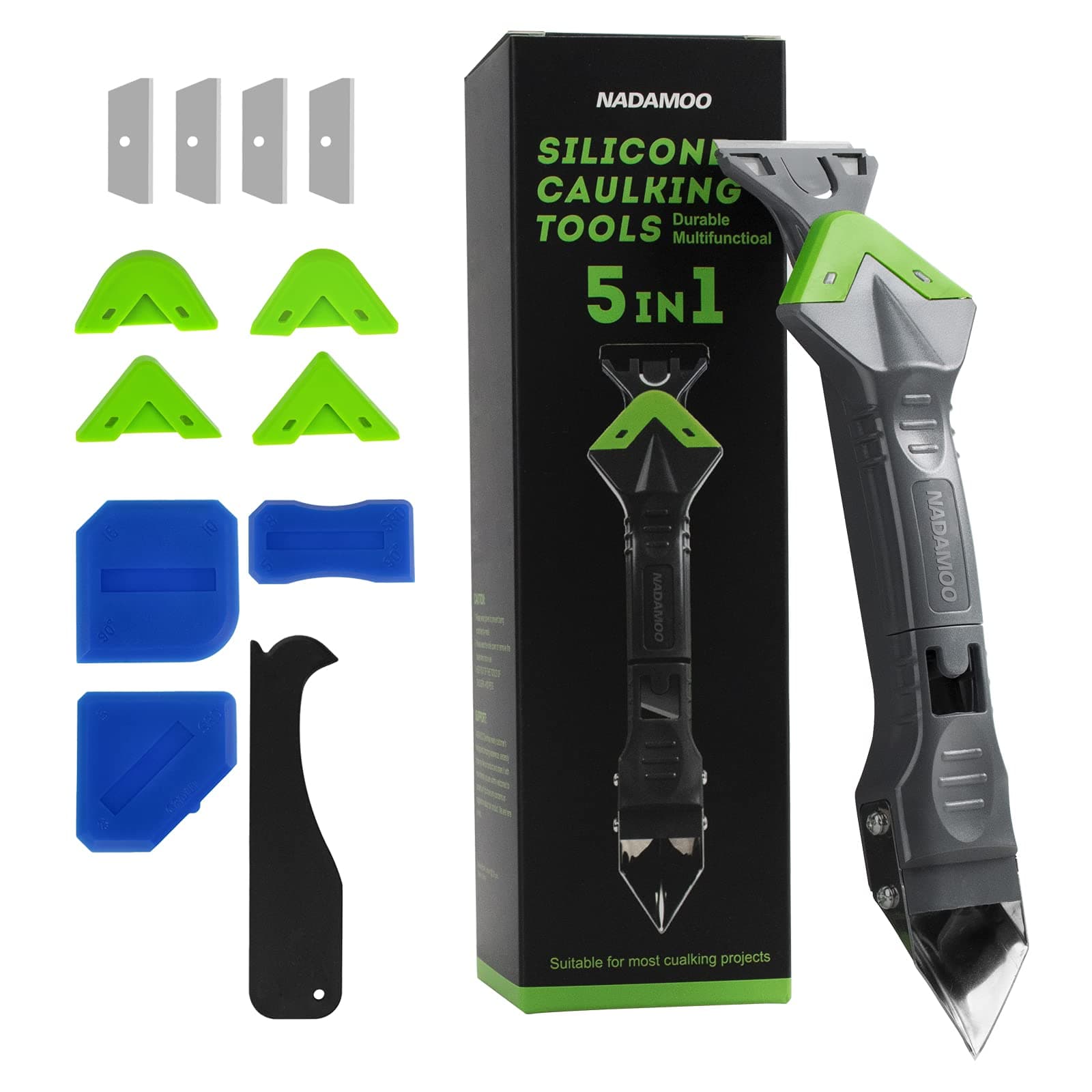 Silicone Caulking Tool Kit 5-in-1 with 4 Replaceable Blades, Caulk Remover, Glass Glue Angle Scraper, Grout Remover Tool, Sealant Scraper - Caulk Finishing Tools for Kitchen Bathroom Window Sink Joint