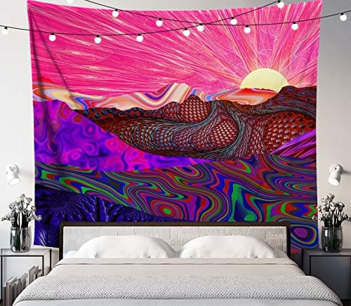 LUCID EYE Trippy Trek Tapestry, Psychedelic Mountain Sunrise, Girls Room Pink Wall Art Decor, Wall Hanging for Bedroom Living Room Dorm, 84x72 inches