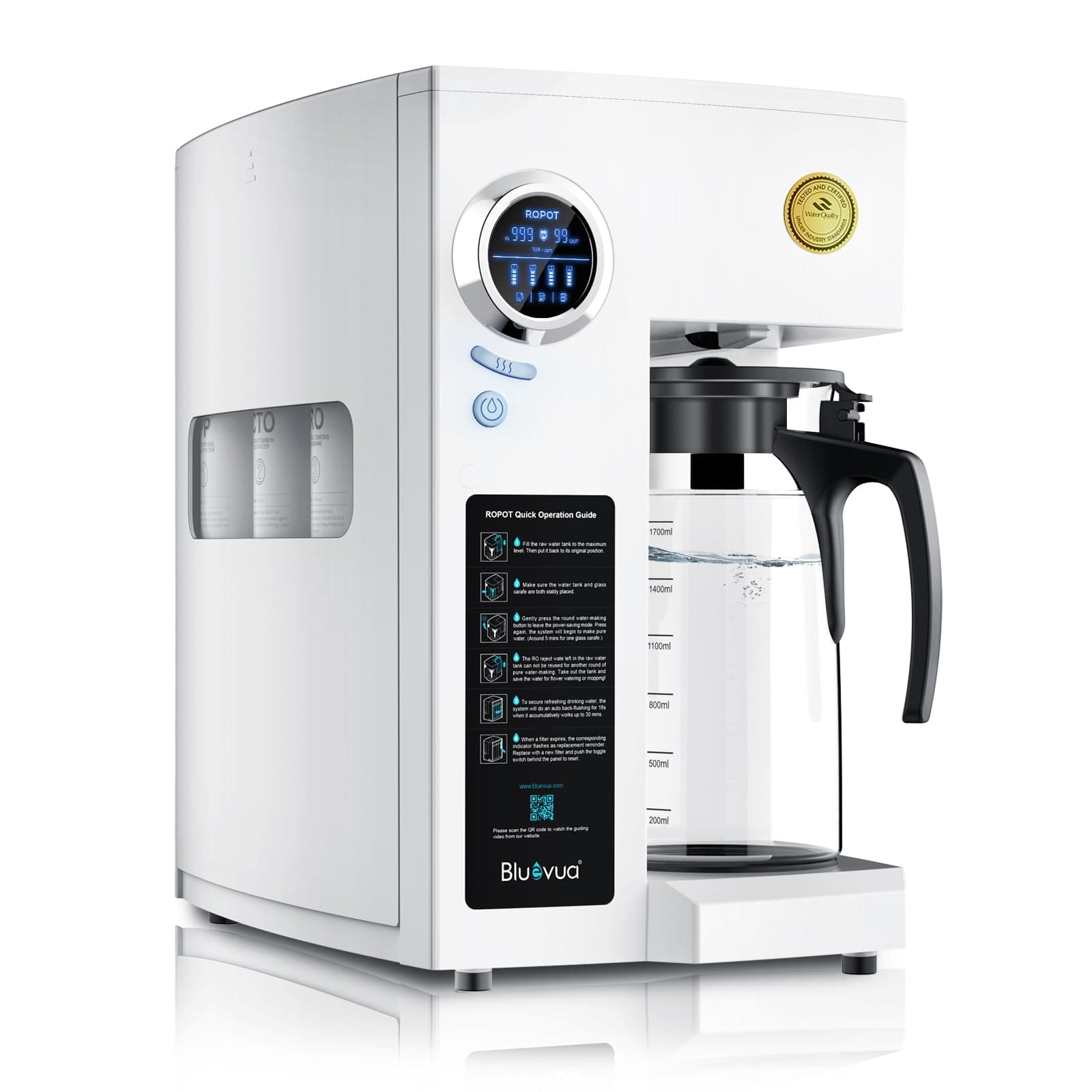 Bluevua RO100ROPOT-UV Reverse Osmosis System Countertop Water Filter - 6 Stage Purification with UV and Reshaping, RO Meter Filtration, Portable Water Purifier