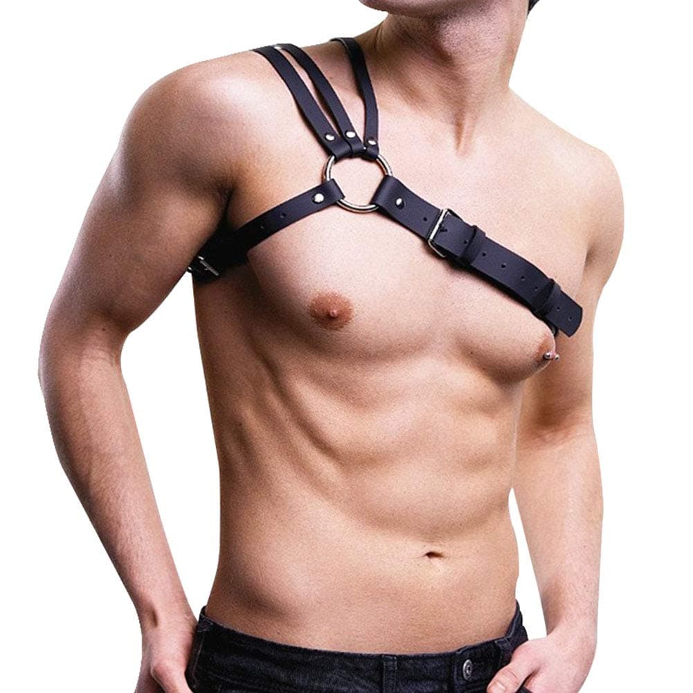 Punk Black Leather Body Shoulder Harness Half Chest Cage Belt Adjustable Collar for Men