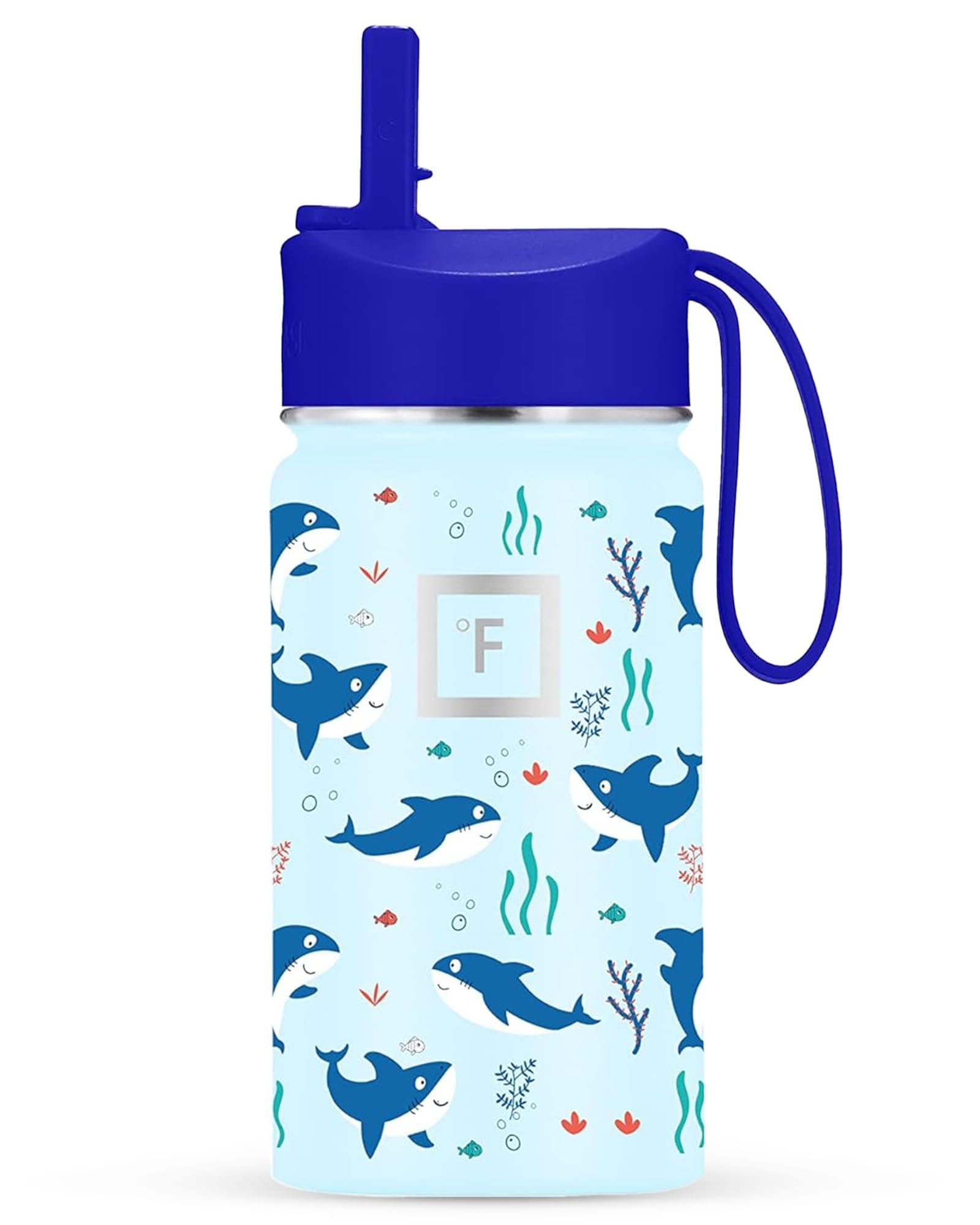 IRON °FLASK Kids Water Bottle - Straw Lid, 20 Name Stickers, Vacuum Insulated Stainless Steel, Double Walled Tumbler Travel Cup, Mug - Iron Shark, 14 Oz