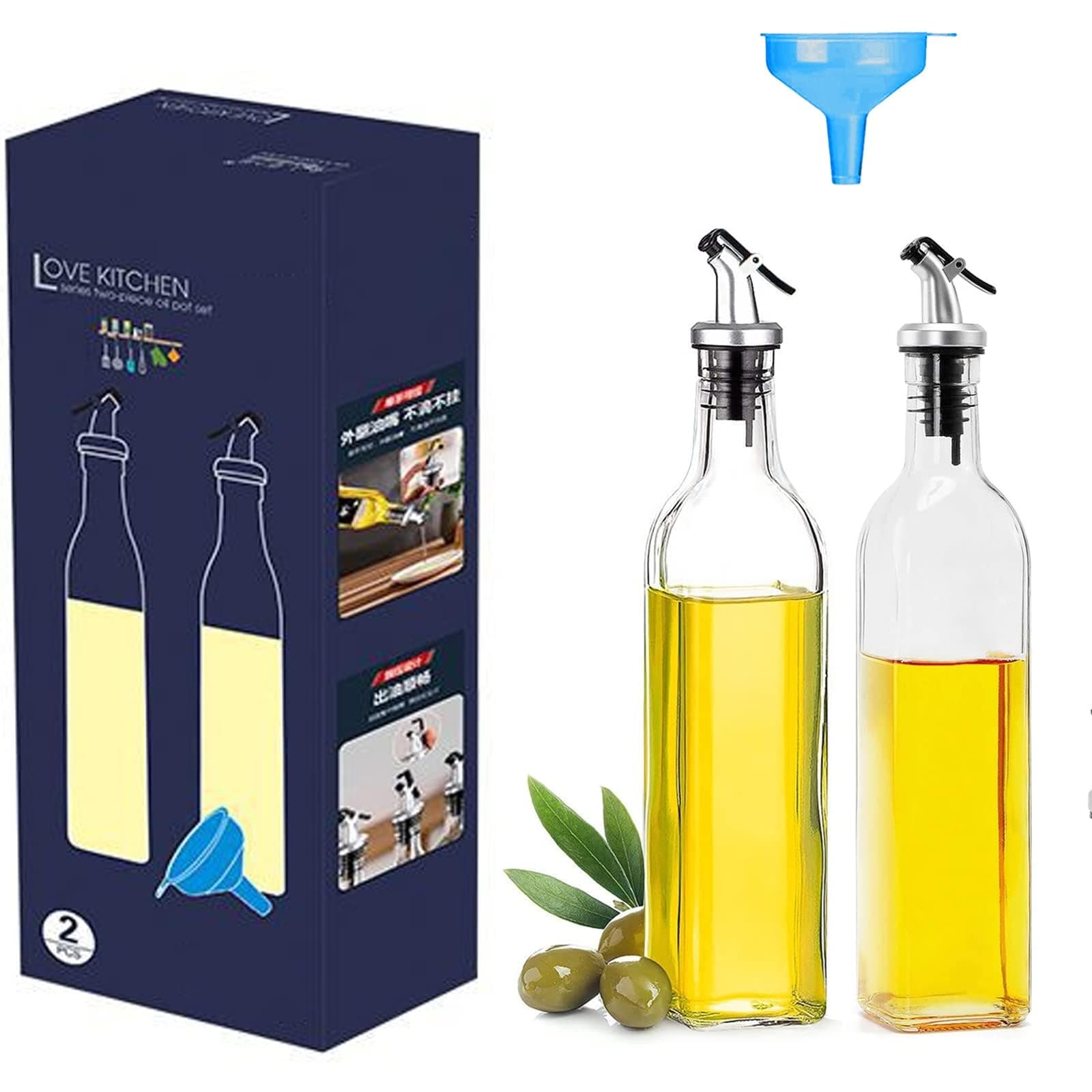 Oil Dispenser Bottles,Pack of 2 Cooking Oil and Vinegar Cruet,500ml Clear Glass Oil Bottle, Oil Pourer Spout,Cooking Oil Dispenser Bottles (Style-A)