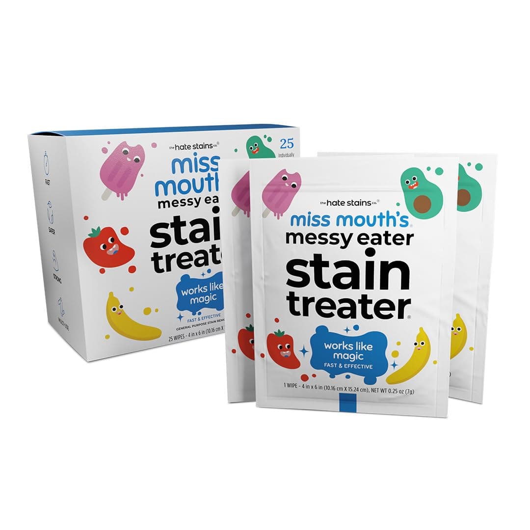 Messy Eater Stain Treater Wipes - 25 Pack Stain Remover - Newborn & Baby Essentials - No Dry Cleaning Food, Grease, Coffee Off Laundry, Underwear, Fabric