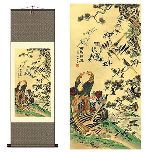 Sunmir (TM) Silk scroll painting One hundred birds toward the phoenix painting