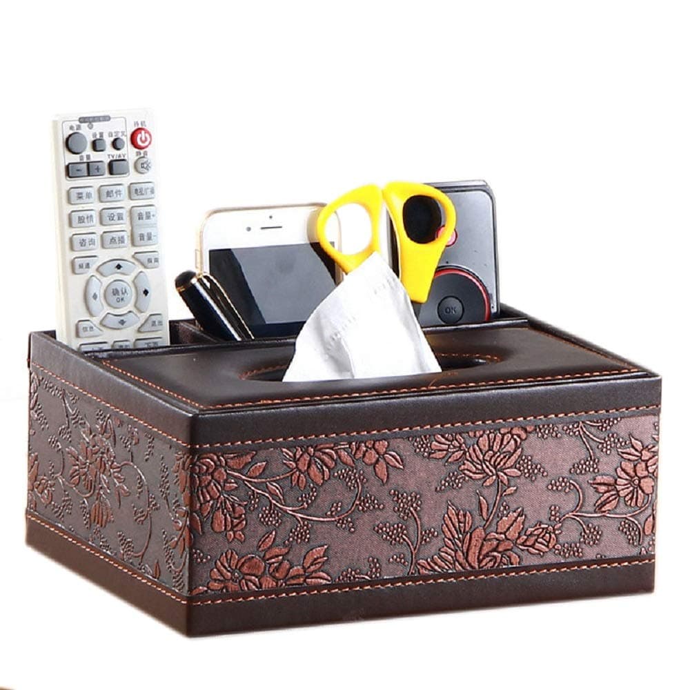 Eonyea Rectangular Tissue Box Cover, ultifunction PU Leather Pen Pencil Remote Control Tissue Box Cover Holder Desk Storage Box Container for Home and Office Use (Brown 2)