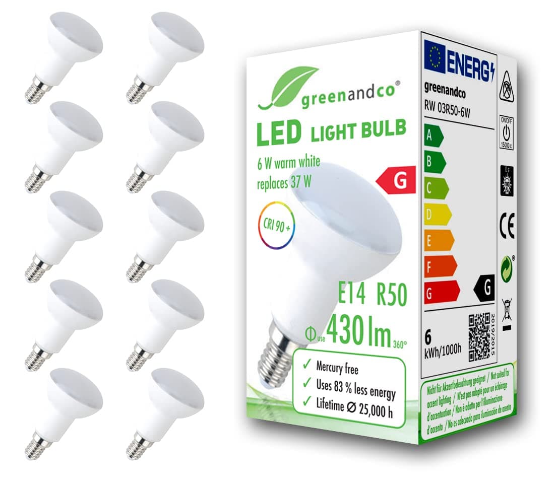 greenandco® CRI 90+ R50 E14 LED Bulb 6W Replaces 37W 430lm 3000K Warm White 160° Beam Angle 230V, no Flicker, not dimmable, 10-Pack [Energy Class G]