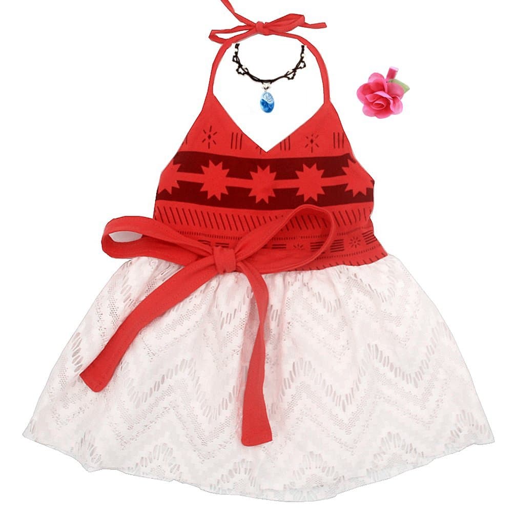 Rainawby Toddler Little Princess Girls Dress with Ruffle Sleeve for Moana Costume Outfit for Moana Party Cosplay Dress up (Red/90cm)