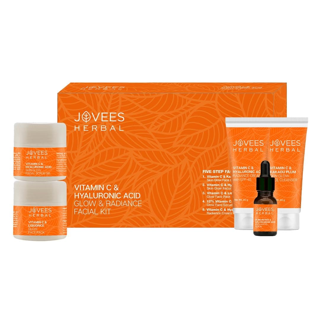 Jovees Herbal Vitamin C & Hyaluronic Acid Glow & Radiance Facial Kit For Brighter & Glowing Skin | Kit For Improves Uneven Skin Tone, Fines Lines & Dullness 215g (Multiple use)