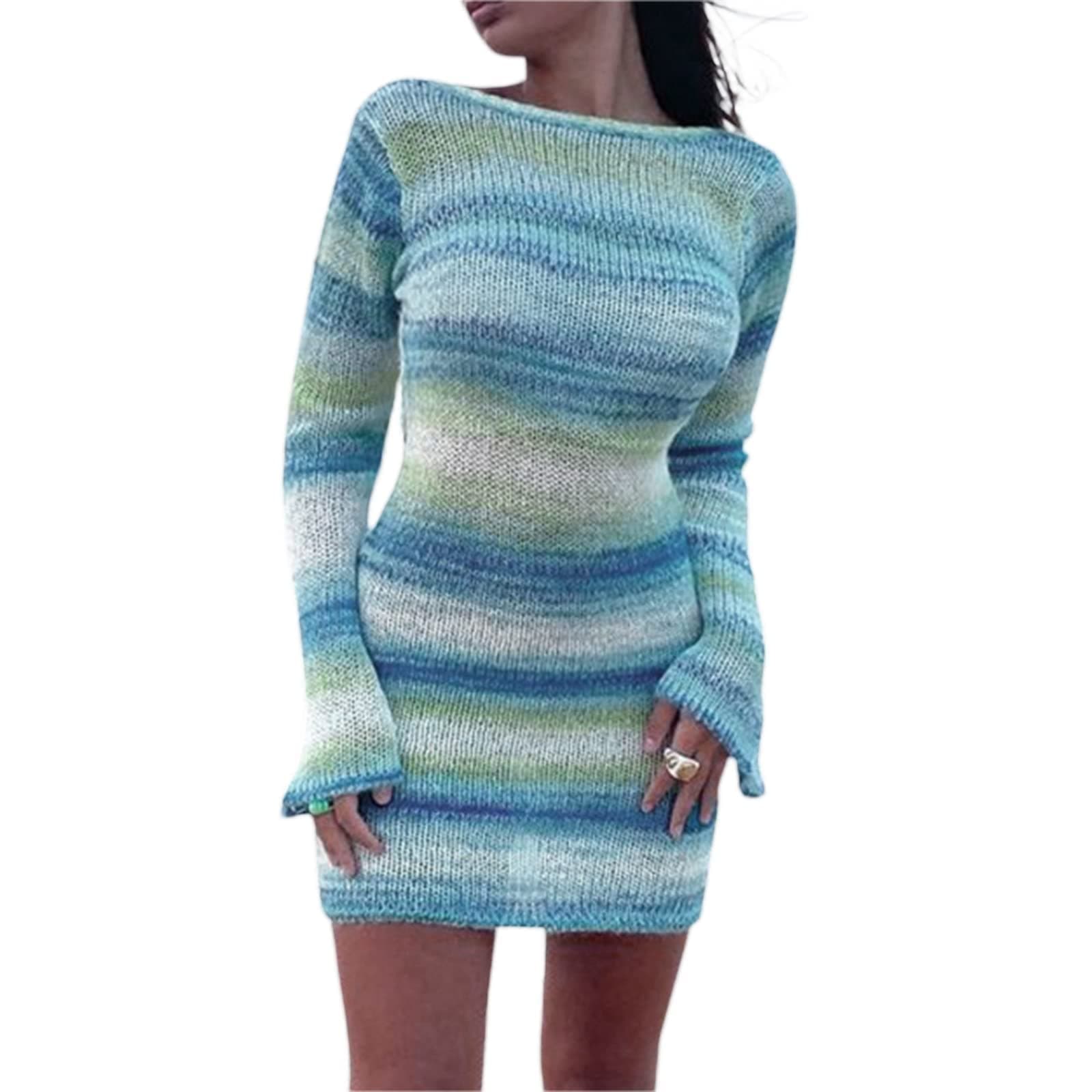 SMIMGOWomens Y2K Crochet Knit Dress Summer Sexy Backless Hollow Out Bodycon Mini Dress Flared Sleeve Striped Sweater Dress Streetwear