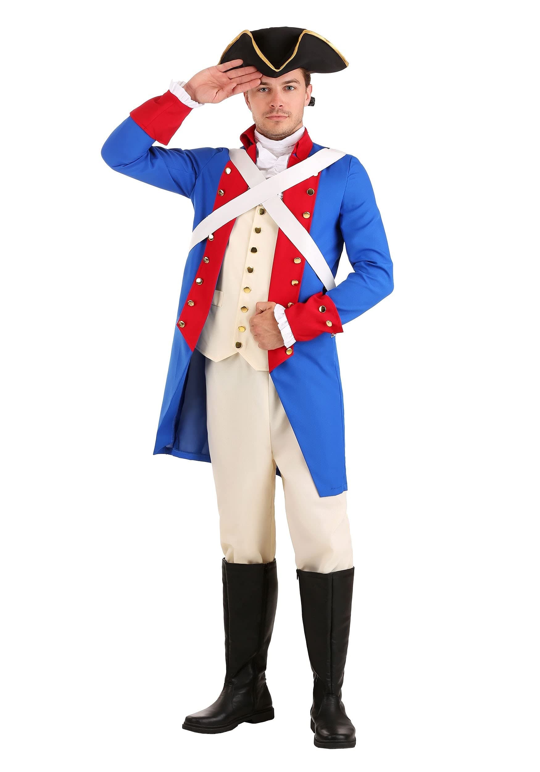 Mens Revolutionary War Costume, American Soldier Outfit with Jacket, Pants, and Hat for Halloween and Dress Up
