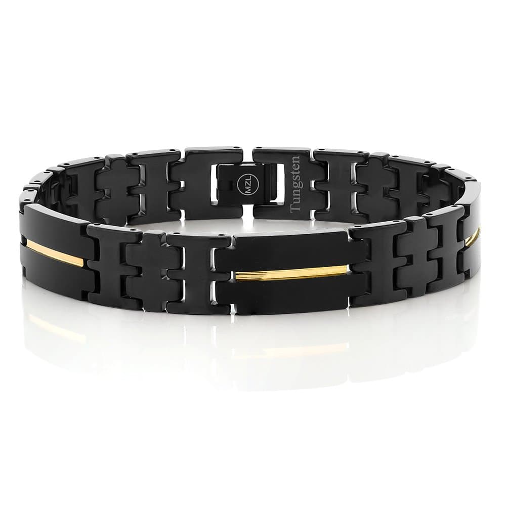 Tungsten Mens Jewelry New Black Plated Carbide Bracelet with Gold IP Stripe