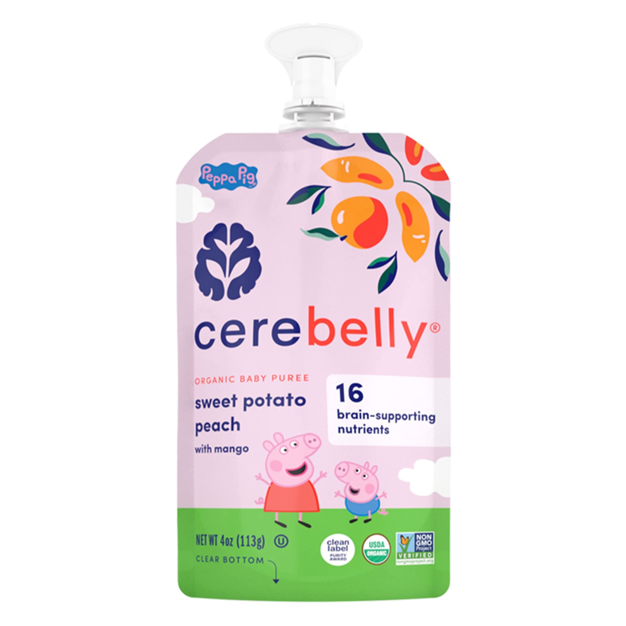 Cerebelly Organic Baby Food Pouches, Sweet Potato Peach Dairy-Free Smoothies, 16 Nutrients, No Added Sugar, Fiber & Non-GMO, 4oz, 1 Count
