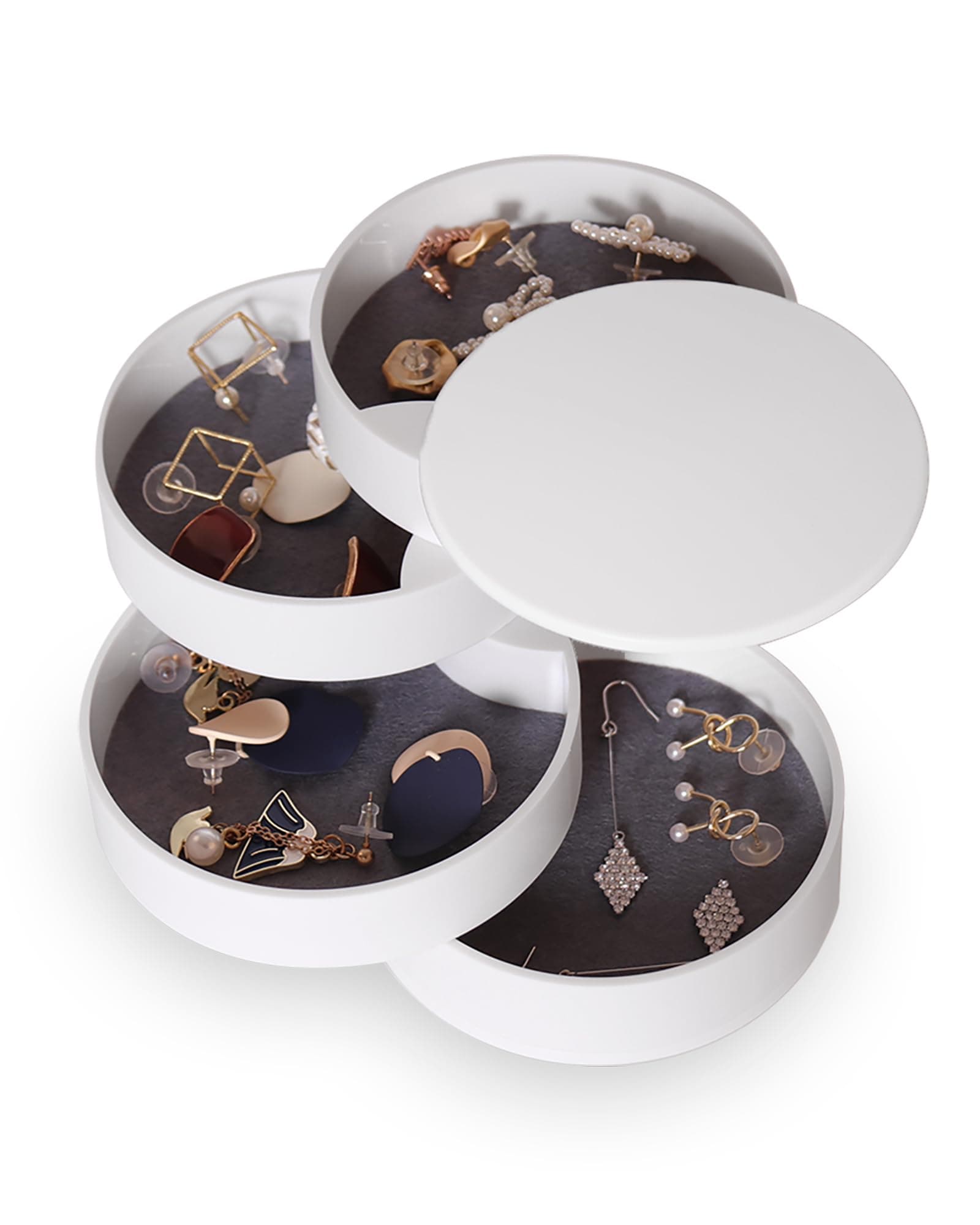 CONBOLA Jewelry Organizer, Small Jewelry Storage Box Earring Holder for Women, 5-Layer Rotating Travel Jewelry Tray Case with Lid for Bracelets Rings Bracelets, Gift for Women Teen Girls(White)