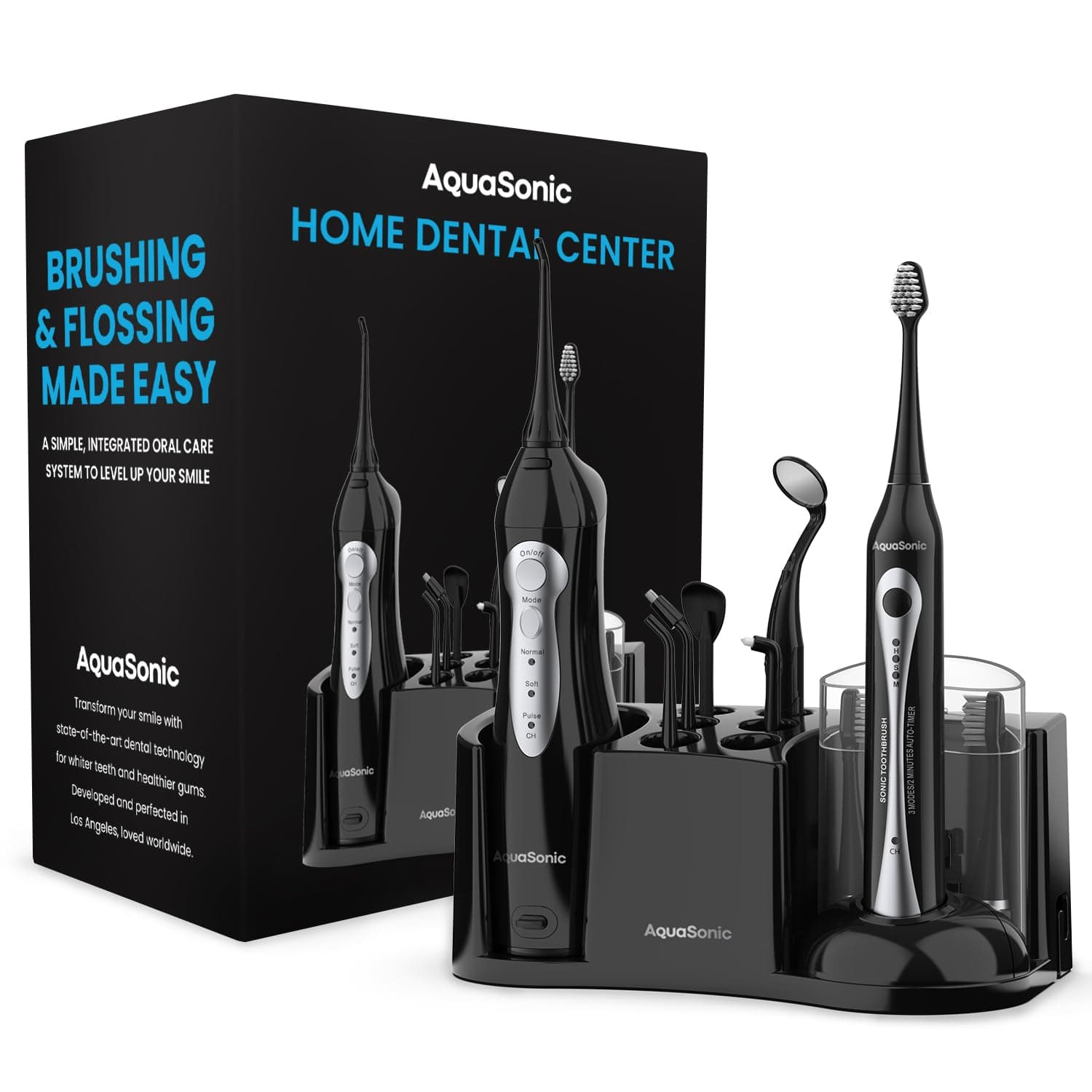 Home Dental Center Rechargeable Power Toothbrush & Smart Water Flosser - Complete Family Oral Care System - 10 Attachments and Tips Included - Various Modes & Timers (Black)