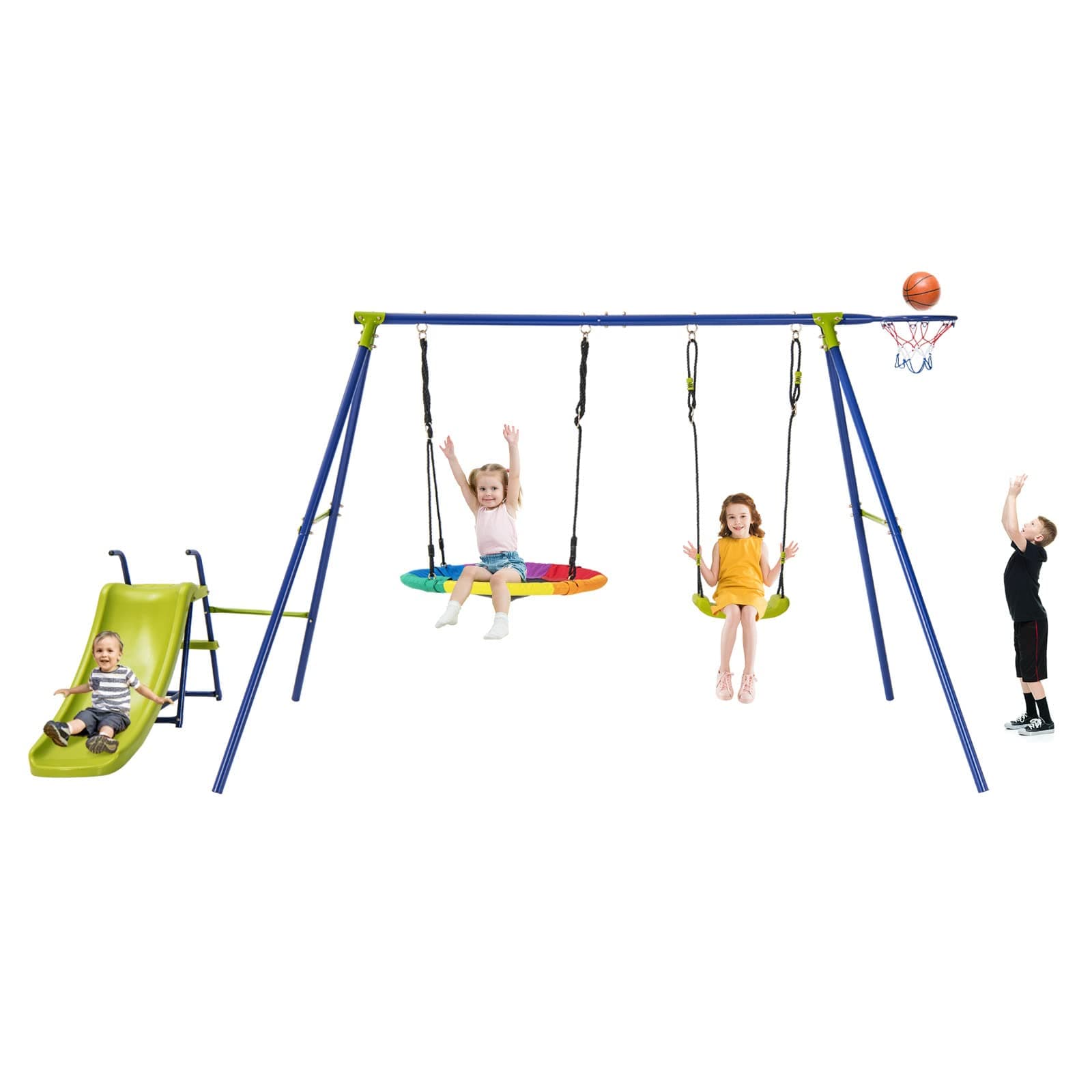 Costzon Swing Sets for Backyard, 4-in-1 Heavy Duty Large Metal Swing Frame w/2 Adjustable Swings, Slide, Basketball Hoop, Play Equipment for Indoor Outdoor, Gift for Kids