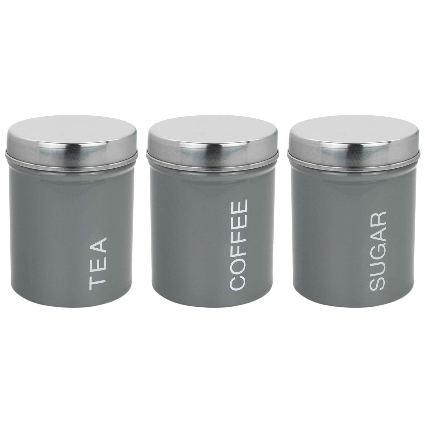 3 Piece Contemporary Tea Coffee Sugar Canister Set - Steel Kitchen Storage Caddy with Rubber Seal - Grey - 10cm