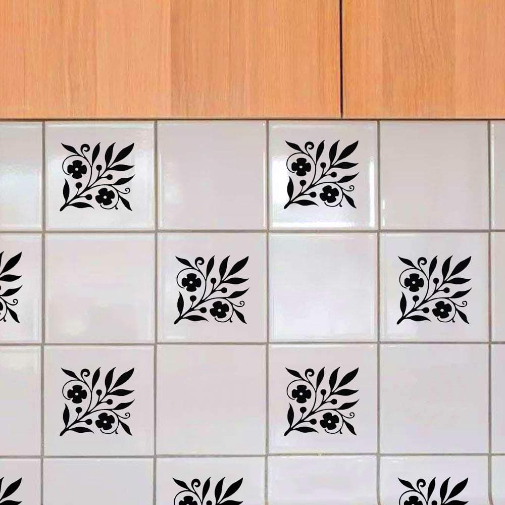 Floral Flower Tile Decals Vinyl Stickers Waterproof for Tiles, Wall, Backsplash, Kitchen, Bathroom, Home Decor (16PCS, 3.2 x 3.2 Inch, Black)