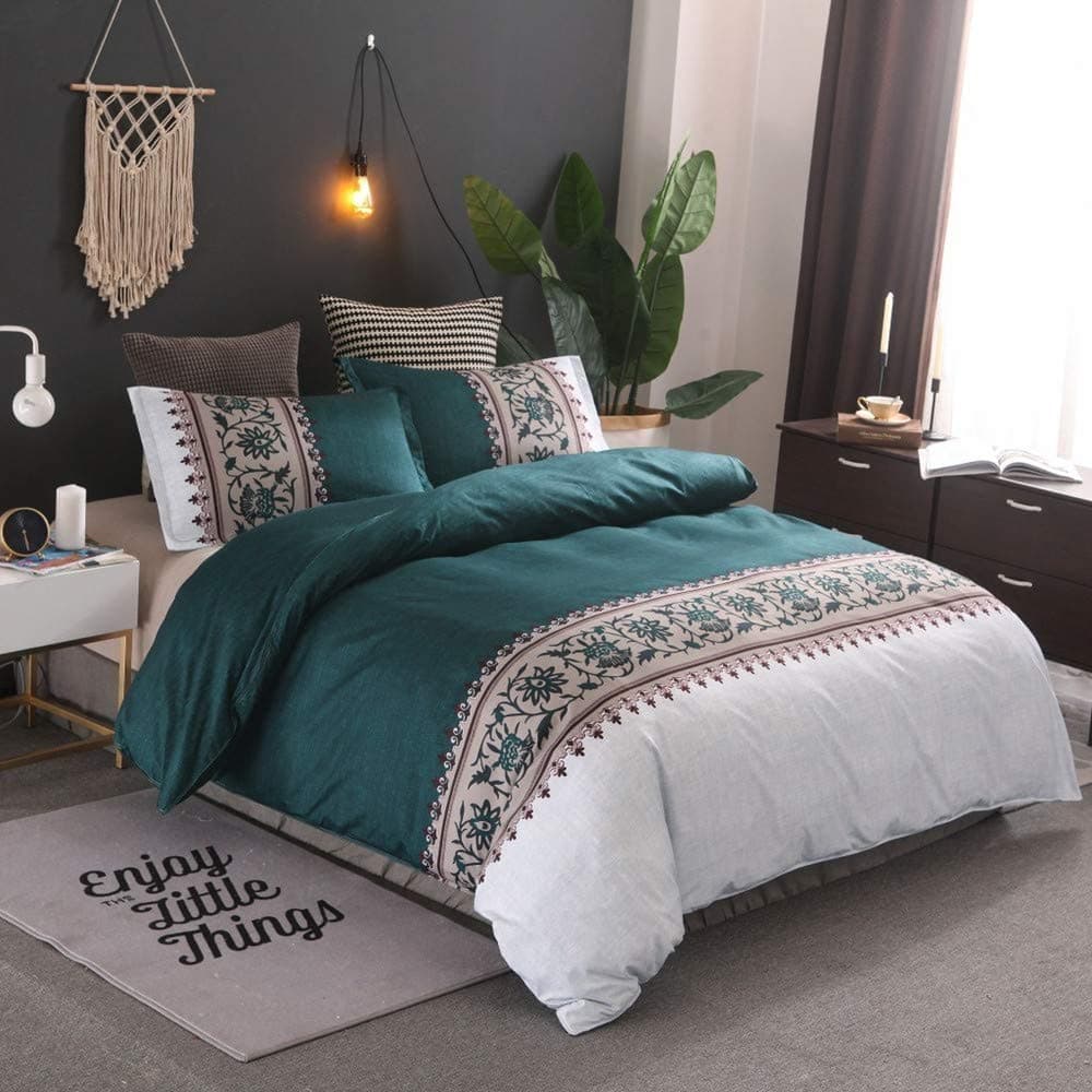 Sticker superb Purple Green Grey Brown Man Woman Duvet Cover with Zipper, Beautiful Garden Flower Luxury 2/3 Pieces Bedding Set Non-iron Polyester (Green, 200x200cm)