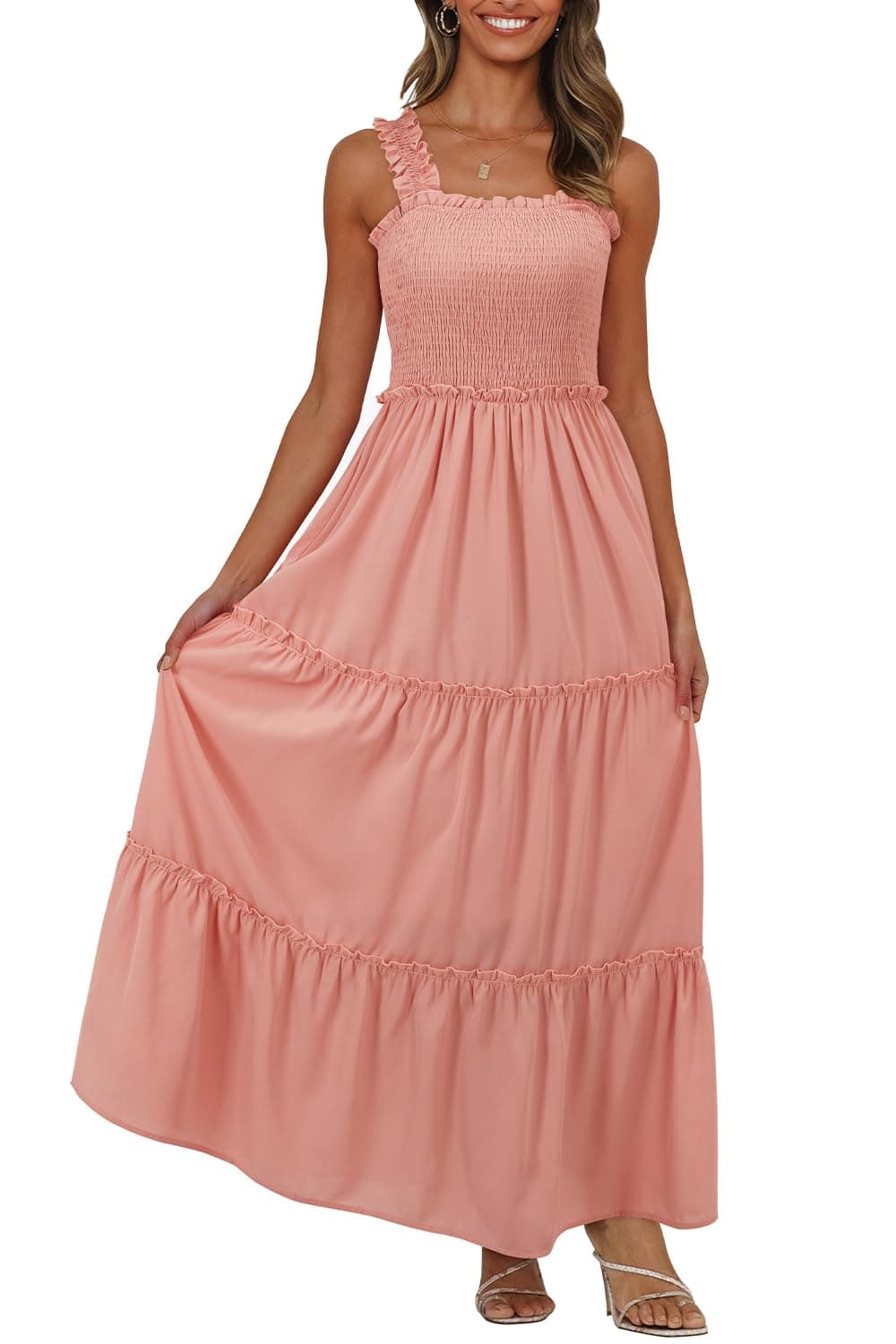 ULTRANICE Womens 2023 Summer Sun Dresses Floral Maxi Dresses Ruffle Square Neck Spaghetti Strap Flowy Smocked Sundress