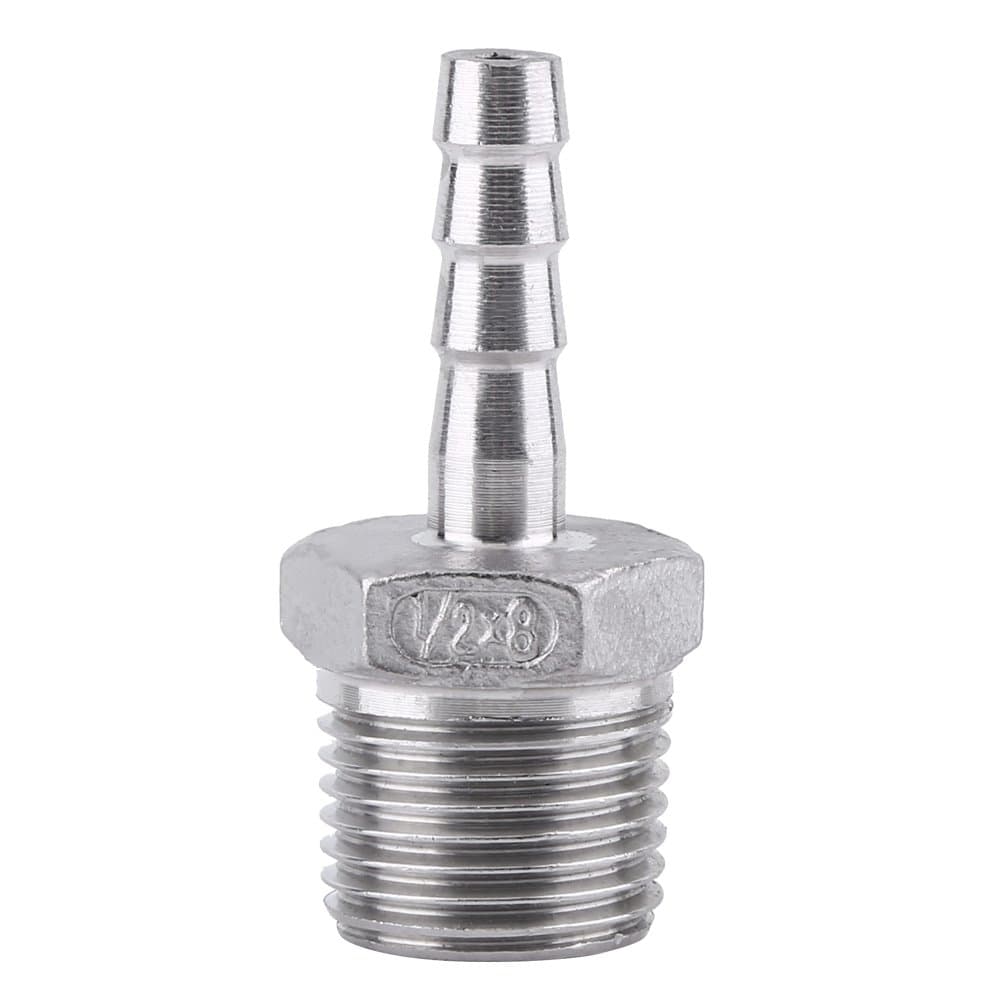Barb Adapter, Stainless Steel SS304 Hose Tail Connector Barbed to BSP Male Thread Used to Connect Air Pipe, Fuel Pipe, Water Pipe(1/2" x8mm)