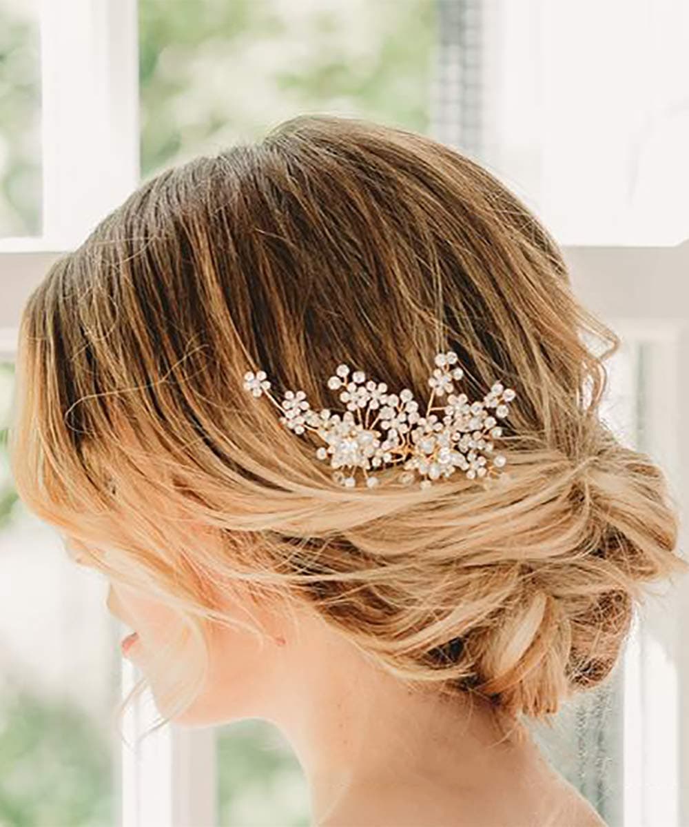 Denifery Dainty Bridal Floral Hair Comb Wedding Pearl Hair Comb Woodland Bridal Hair Accessories Flower Headpiece Bridal Head Piece Floral Hair Clip Leaf Side Comb Bridal Tiara (Rose Gold)