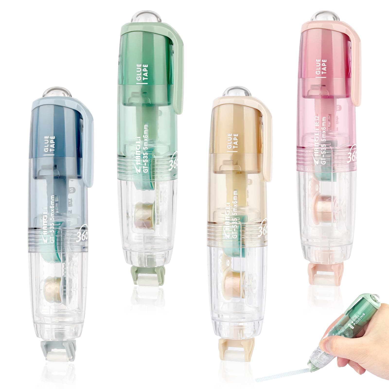 SONEER 4pcs Glue Tape, Adhesive Glue Roller, Double Sided Tape Dispenser, Transparent Tape Pen for Crafting, Cards, Photo, Album, Journal, Scrapbooking (5mx6mm)