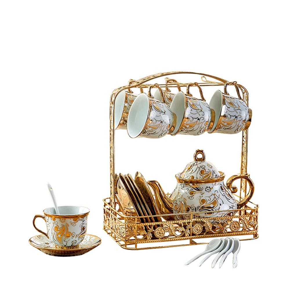 22Pcs Luxury European Gold-Plated Ceramic Coffee and Tea Set Porcelain Tea Service Tableware with Metal Rack Kitchen Dining Home Design Vintage Christmas Decoration Gift