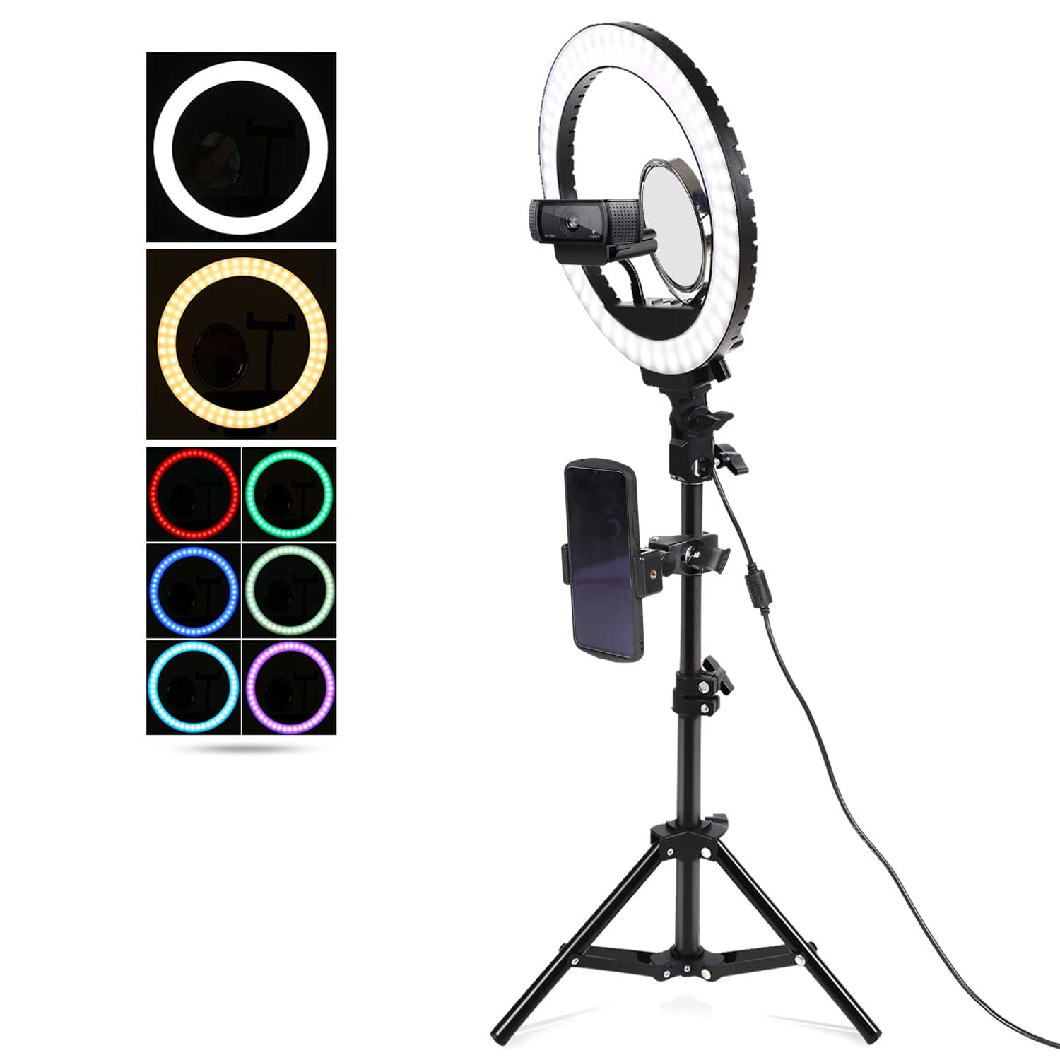 24W 10" RGB Ring Light with Tripod Stand and Phone Holder Adjustable Rainbow Ringlight for Makeup YouTube Video Selfie-Portrait Desktop Beauty Led Dimmable O Ring Lamp for Smartphone or Webcam
