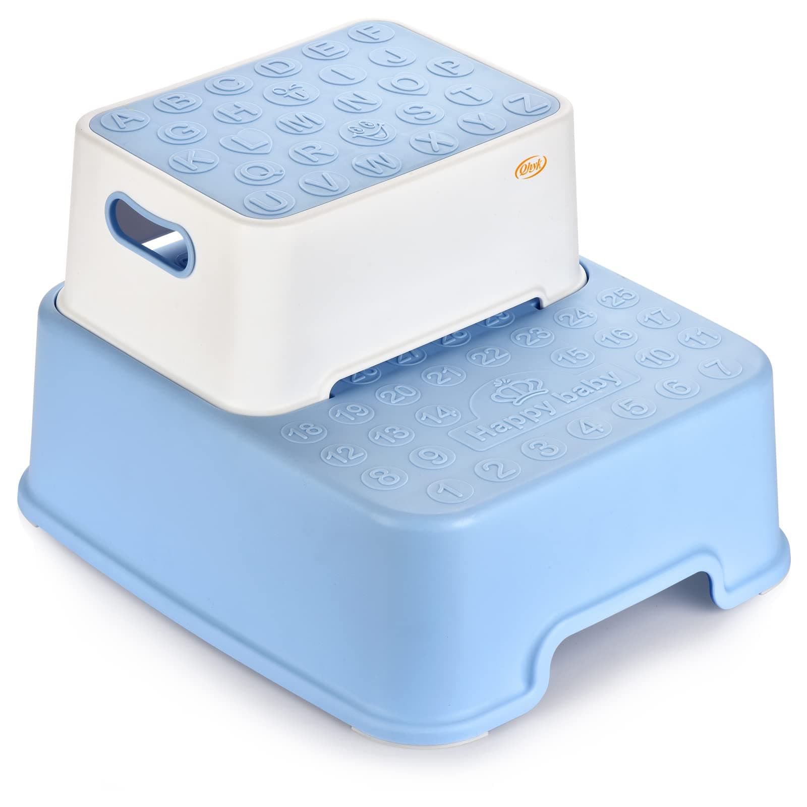 QHYK Double Step Stool, Non-Slip Function, Plastic Footstool, Two-Step Stool for Children, Perfect for Toilet Training, Brushing, Hand Washing, Blue/White