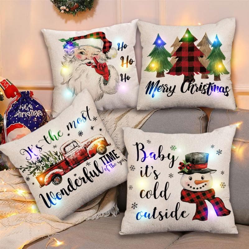 Set of 4 Winter Pillow Covers 18x18 for Christmas Decorations Santa Snowman Houses ClausTree Reindeer with Colorful LED Lights Stripes Christmas Throw Pillows Covers Car Couch Sofa Party Decor