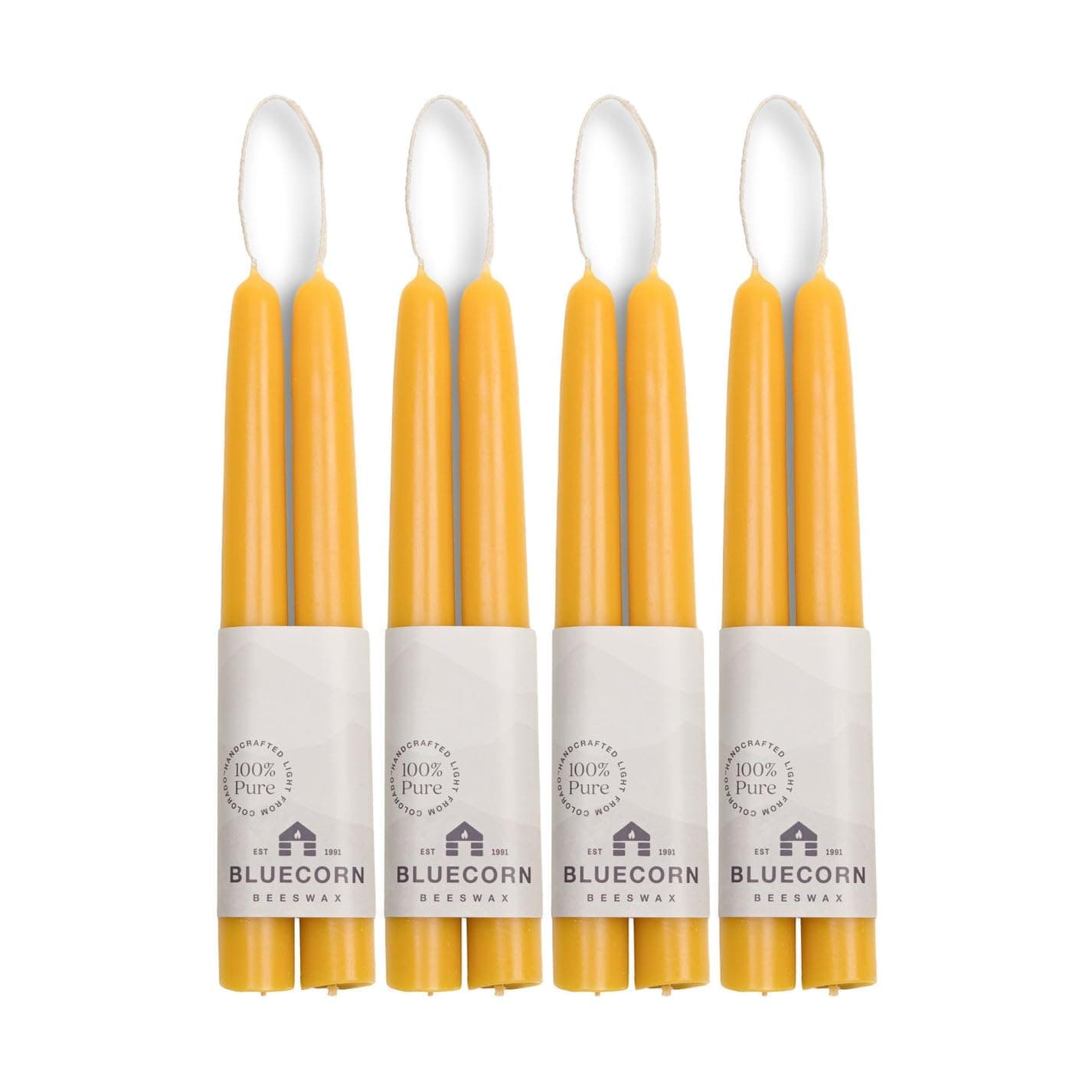 Bluecorn Beeswax 100% Pure Beeswax Taper Candles | Natural Beeswax Candles, Yellow Unscented Tapered Candles | Soy, Paraffin, & Fragrance Free | 8 Inch Candles, Bulk 8-Pack