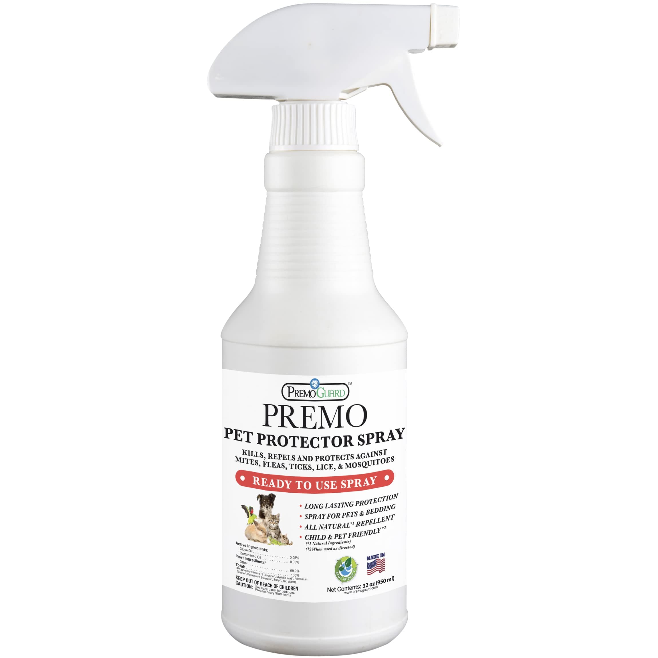 Premo Guard Pet Protector Spray - 32 oz - Kills Mites, Fleas, Ticks, & Mosquitoes - for Dogs, Cats, & Home - Natural Plant Based Oils for Control, Prevention & Treatment - Family Safe