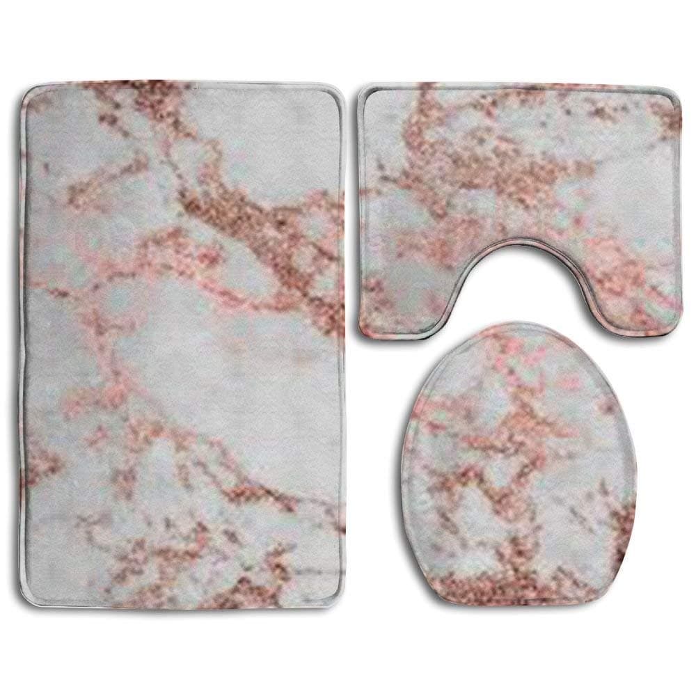 3-Piece Bathroom Mat Set Non Slip Comfortable Flannel Floor Mat - Rug (31.49" X 19.68"), Contour Mat (19.68" X 15.74"), Lid Cover (13.77" X 17.71"), Rose Gold White Marble Texture