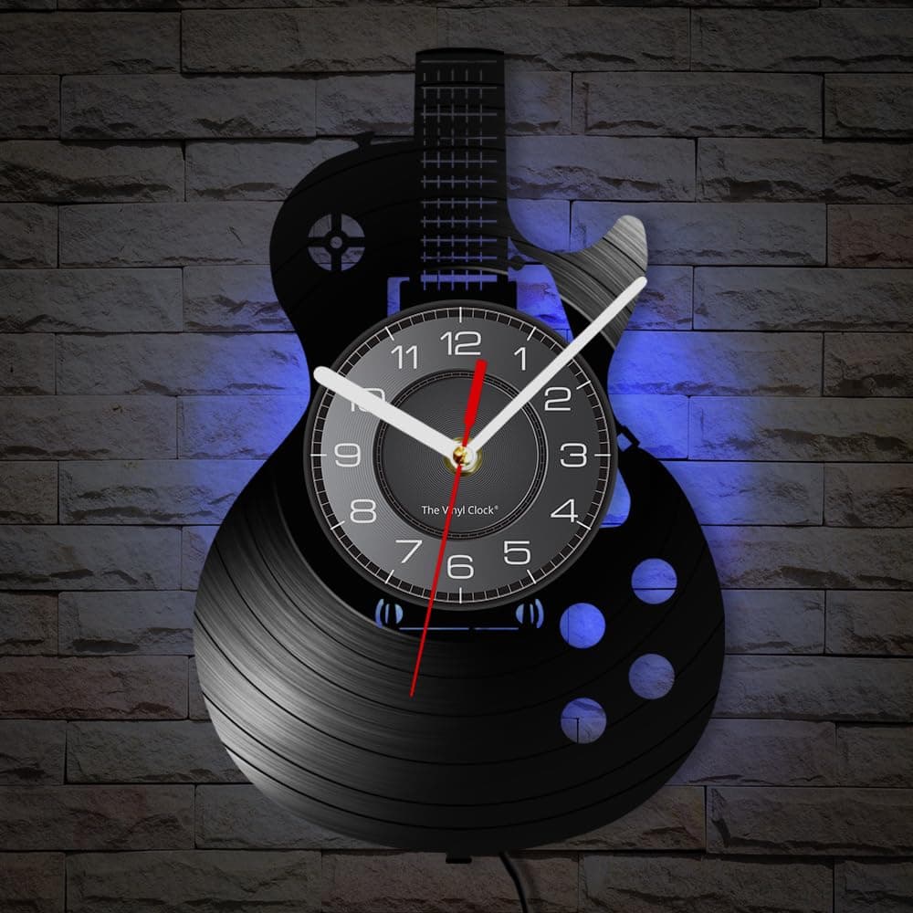 Acoustic Guitar 12" LED Vinyl Wall Clock 7 Colors Changing with Remote Control Musical Instrument Bedroom Wall Decor Vinyl Record Night Light Wall Clock Rock N Roll Music Gift for Men Cave