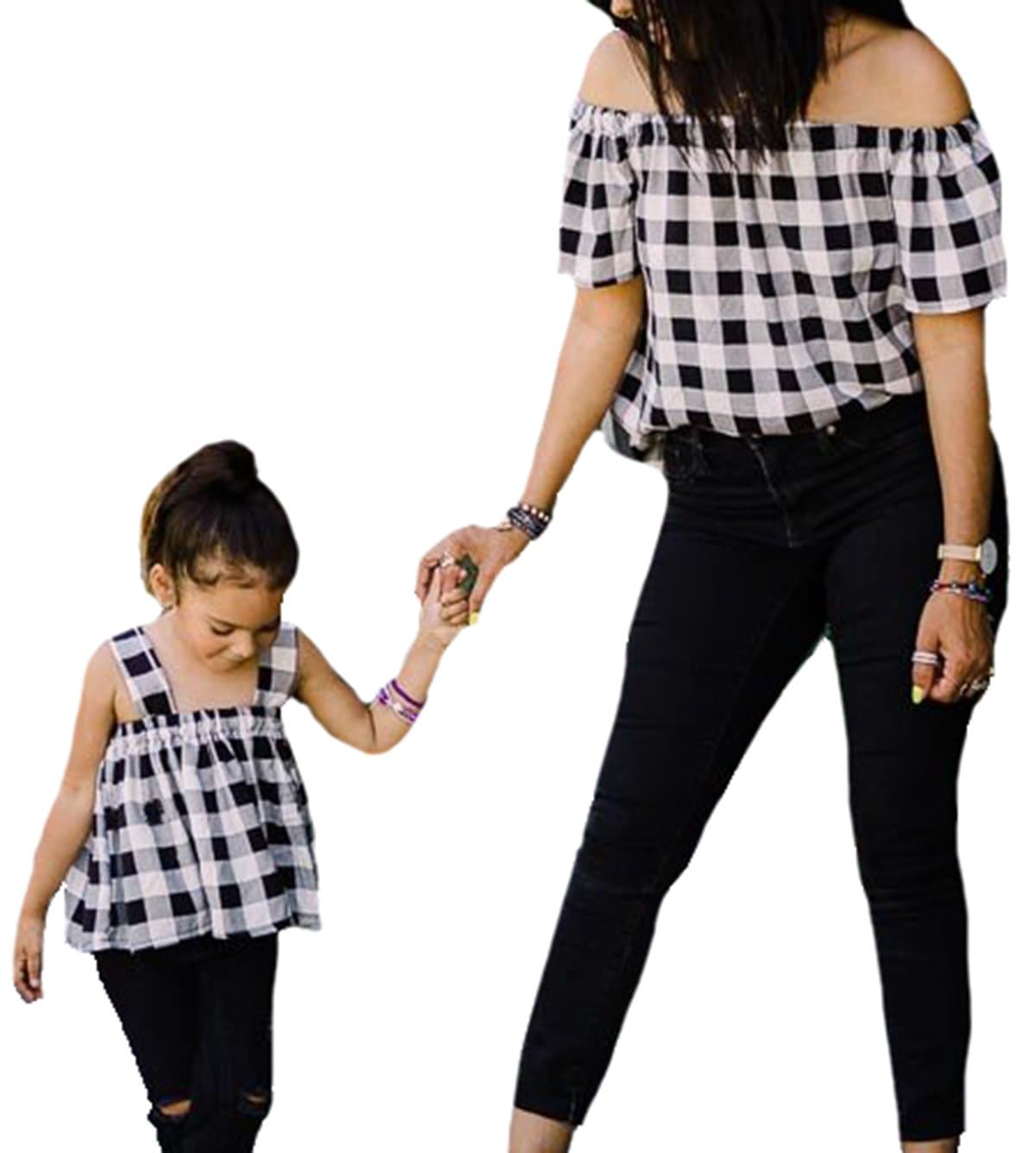 WenaZaoMom Baby Matching Outfits,Mom and Me Women Baby Little Girl Checked Tops T-Shirt Off Shoulder Summer Dress Family Outfits