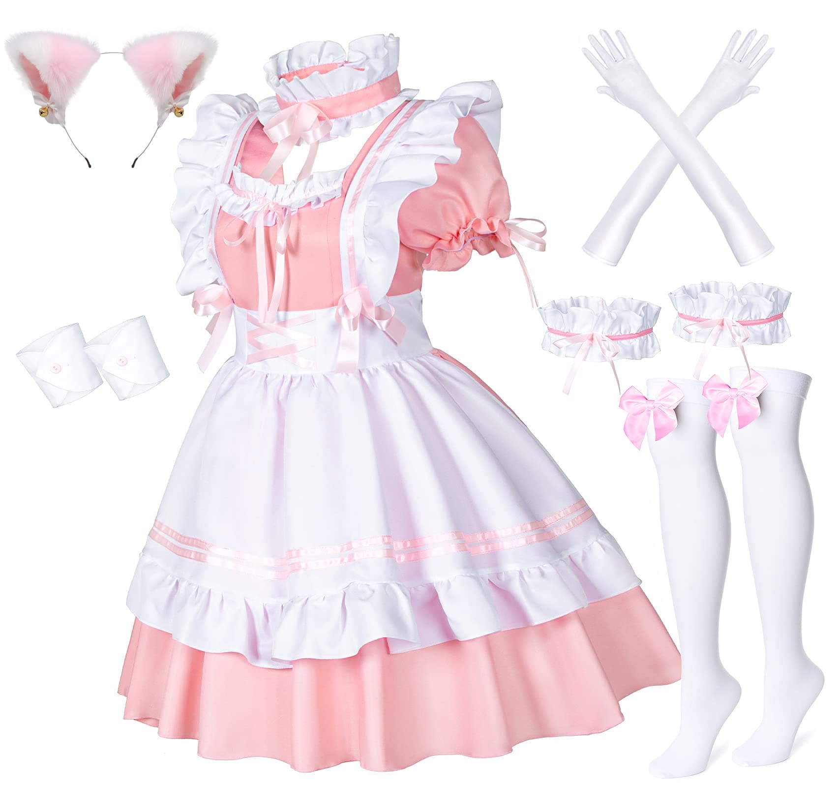 Anime French Maid Apron Lolita Fancy Dress Cosplay Costume Furry Cat Ear Gloves Socks Set(Pink Plus Size 5XL)