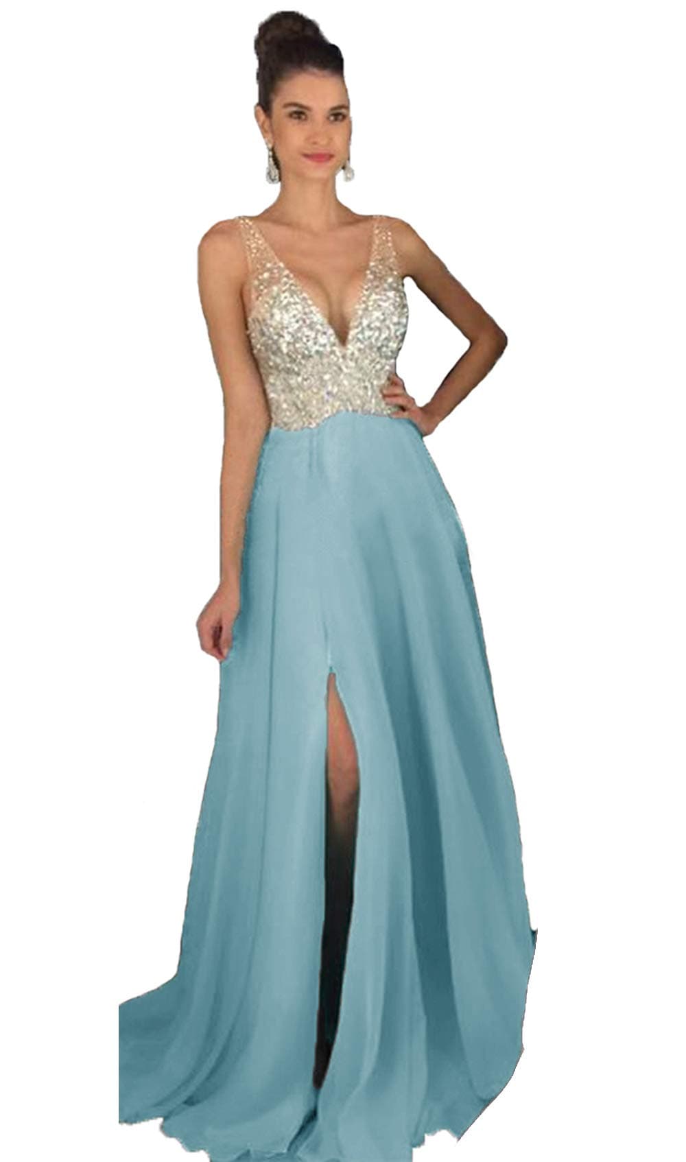 Still Waiting Women's V Neck Backless Long Prom Dresses Beaded Side Slit Evening Party Dress 12 US Light Blue