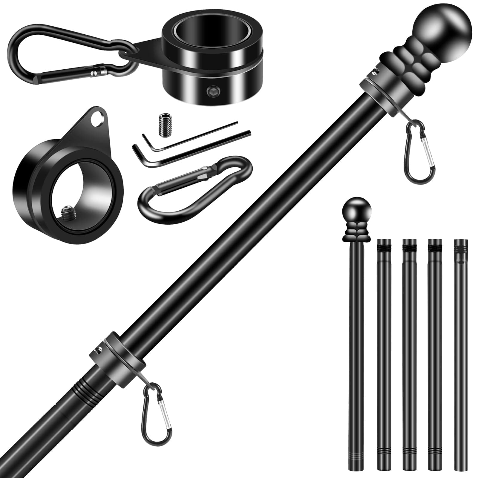 Black Flag Pole Kit for Outside House Porch, 6 FT Thickened Stainless Steel Wall Mount Flag Pole for 3x5'/4x6' American Flag, 1" Anti-Wrap Spinning Flagpole Rings (6 FT - No Bracket - Black)