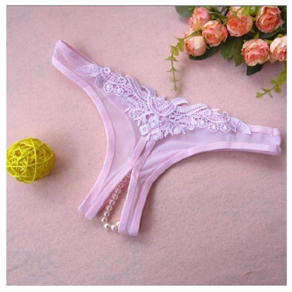 Lovef Women Open Crotch Lingerie Pearl Bead Underwear G-string Thong (Pink)