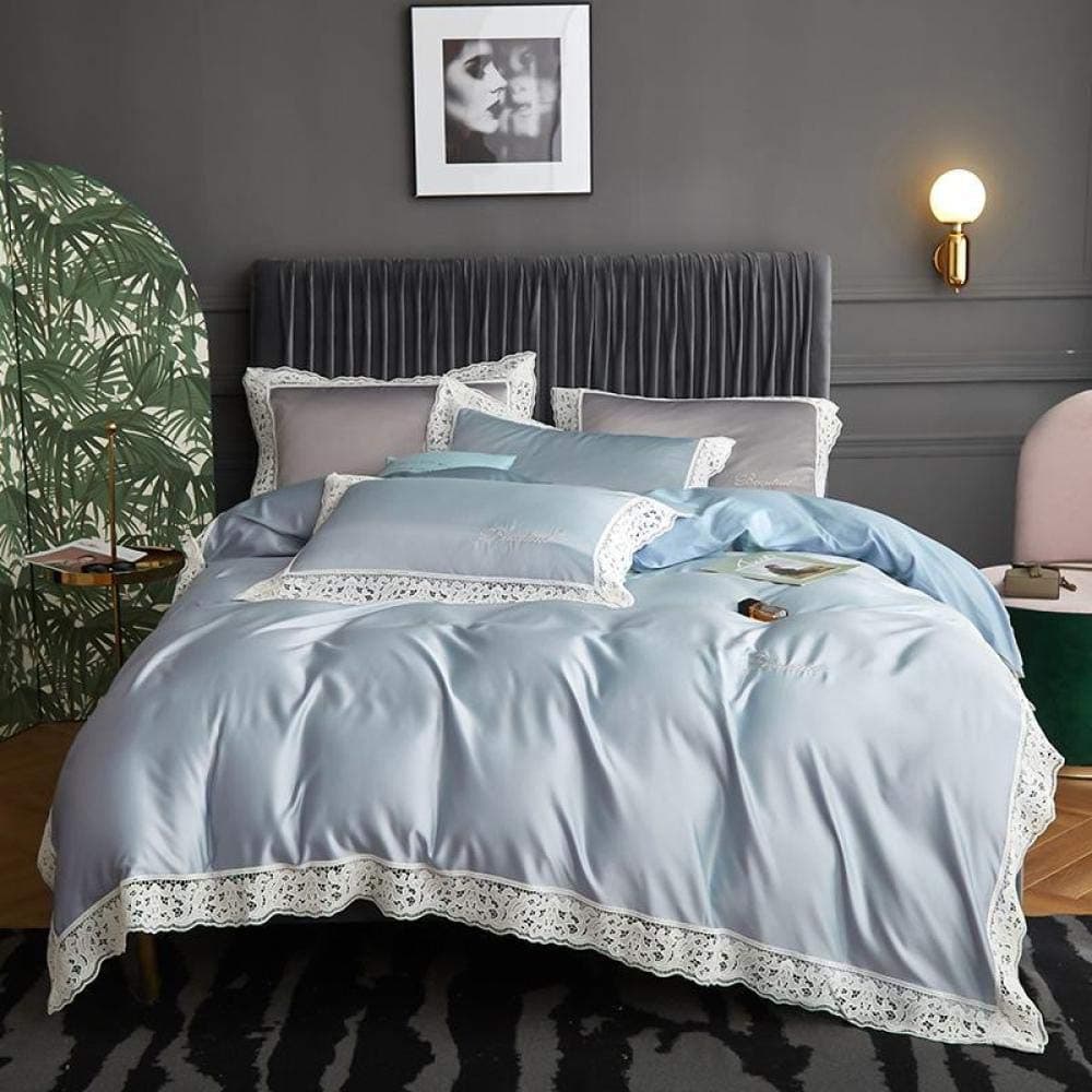 geek cook 4 Piece Bedding Set,Summer home textile silk slippery washed silk duvet cover sheet four-piece lace simple cotton set-Tian Lan_QUEEN