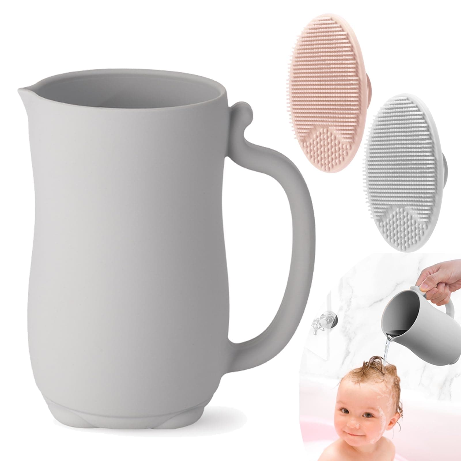 Baby Bath Rinse Cup, Silicone Baby Shampoo Rinser with 2 Pack Cradle Cap Brush for Kids Toddler Body Washing (Grey)