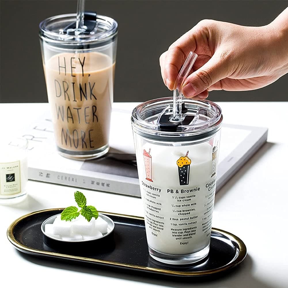 KELVEE Random Design, Cartoon Pattern,Creative Multipurpose Drinking Glass Measuring Mug/Cup with Silicone Straw and Lid Drink for Milk,Tea,Coffee,Juice,Thick Shake Cup & Mug Set of 1(Printed),400 ml