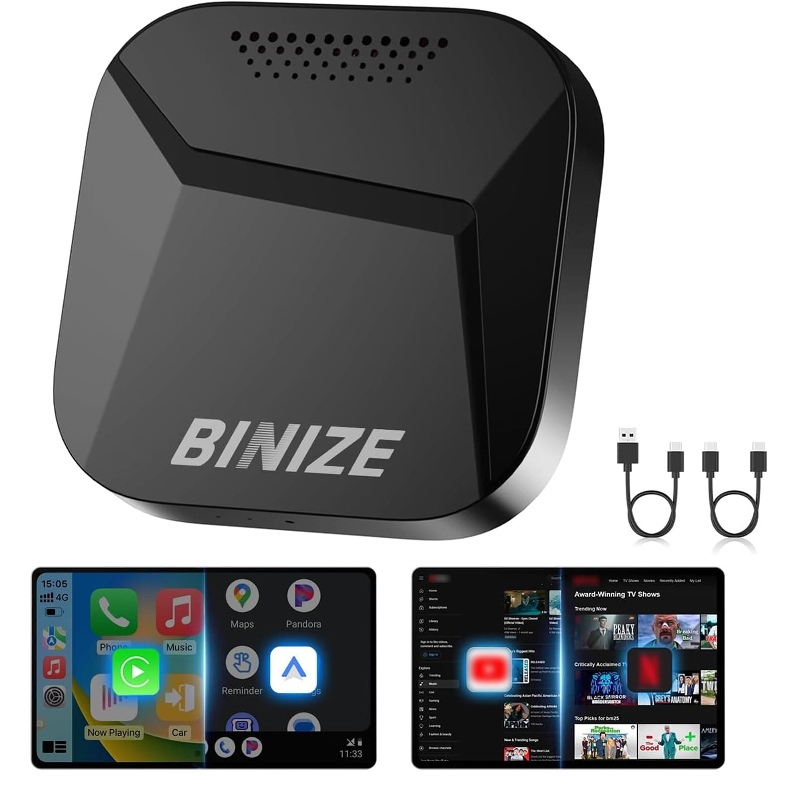 Binize Carplay Ai Box Android 13 Compatible with Wireless Carplay Wireless Android Auto AI Box Carplay Streaming Video Apps 4+64G Only Support Cars with OEM Wired CarPlay/Android Auto