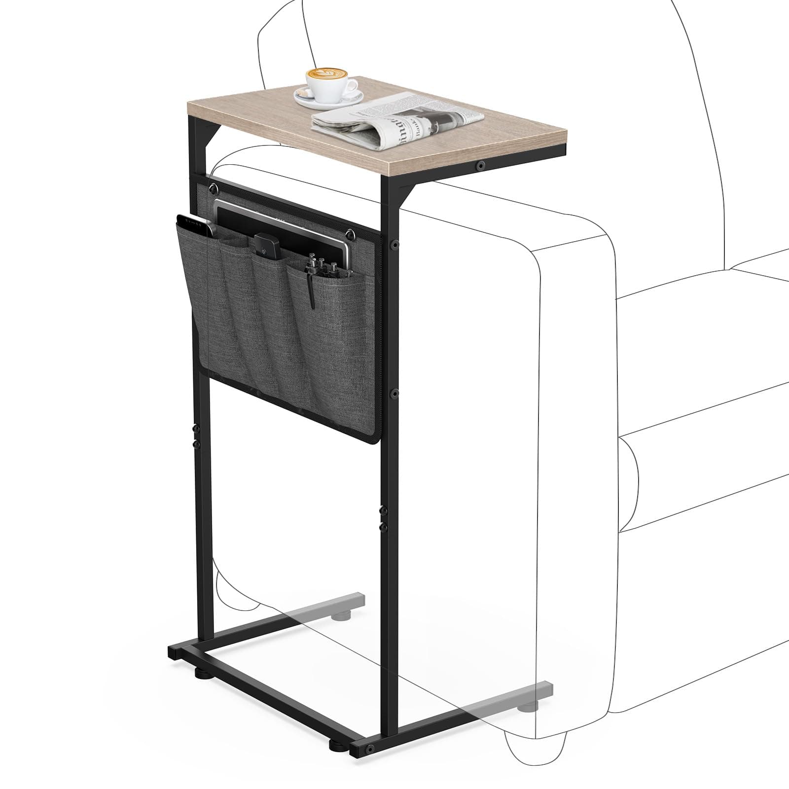 Vantic C Shaped End Table, Small Side Table for Couch and Recliner, Slide Under Sofa Tray Desk with Storage Bag for Living Room and Bedroom, Greige