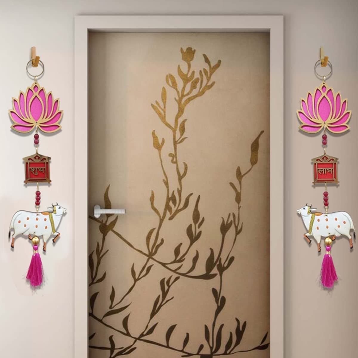 GIFT JAIPUR 3 tier Set of 2 Pink Lotus Cow pichwai shubh labh wall door hanging Gift Decorative Showpiece for Diwali Ganesh Chaturthi Pooja Home Decor Temple Marriage Wedding Stage decoration